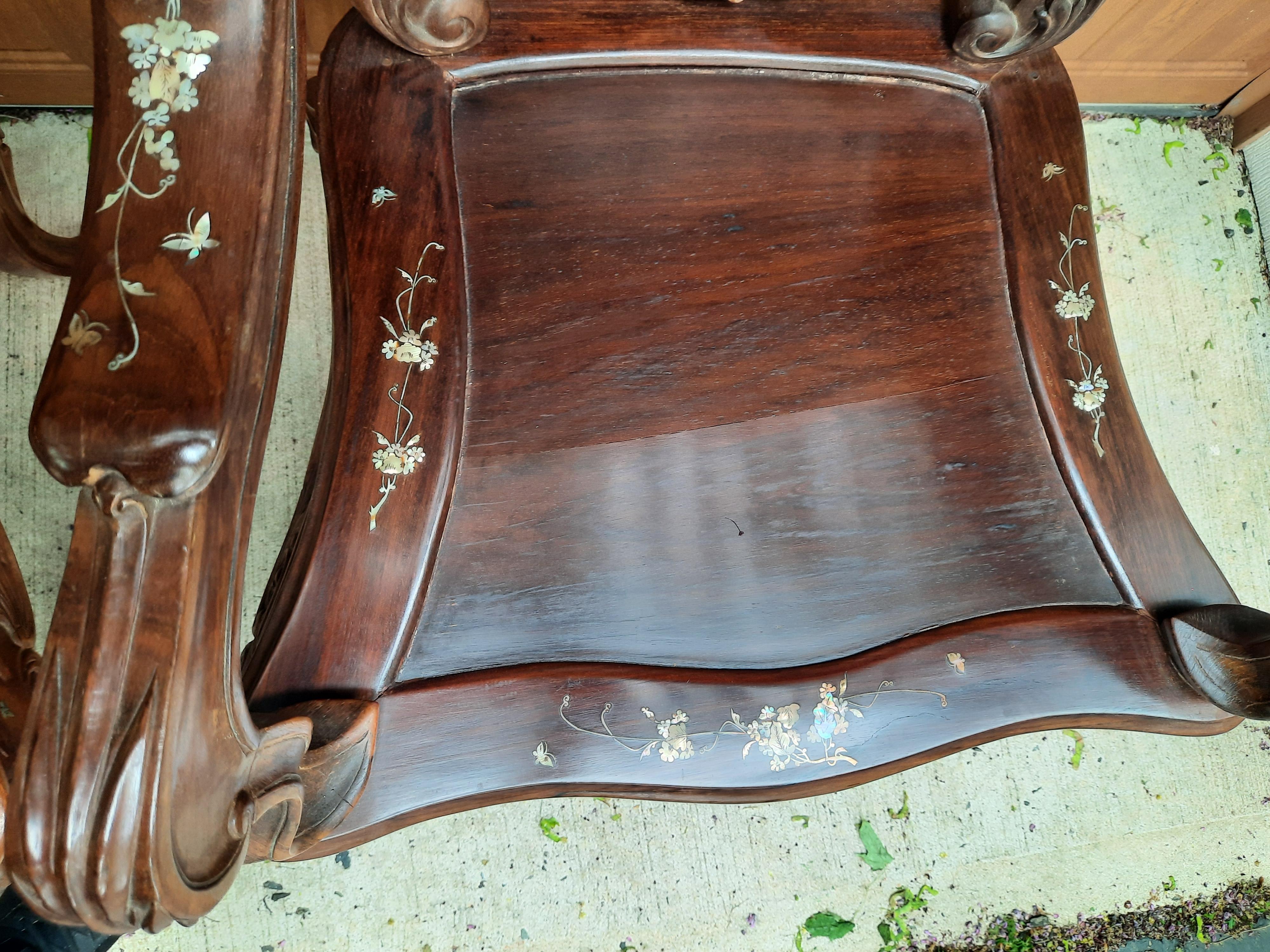 Pair of Rosewood Arm Chairs with Mother of Pearl Inlay For Sale 2