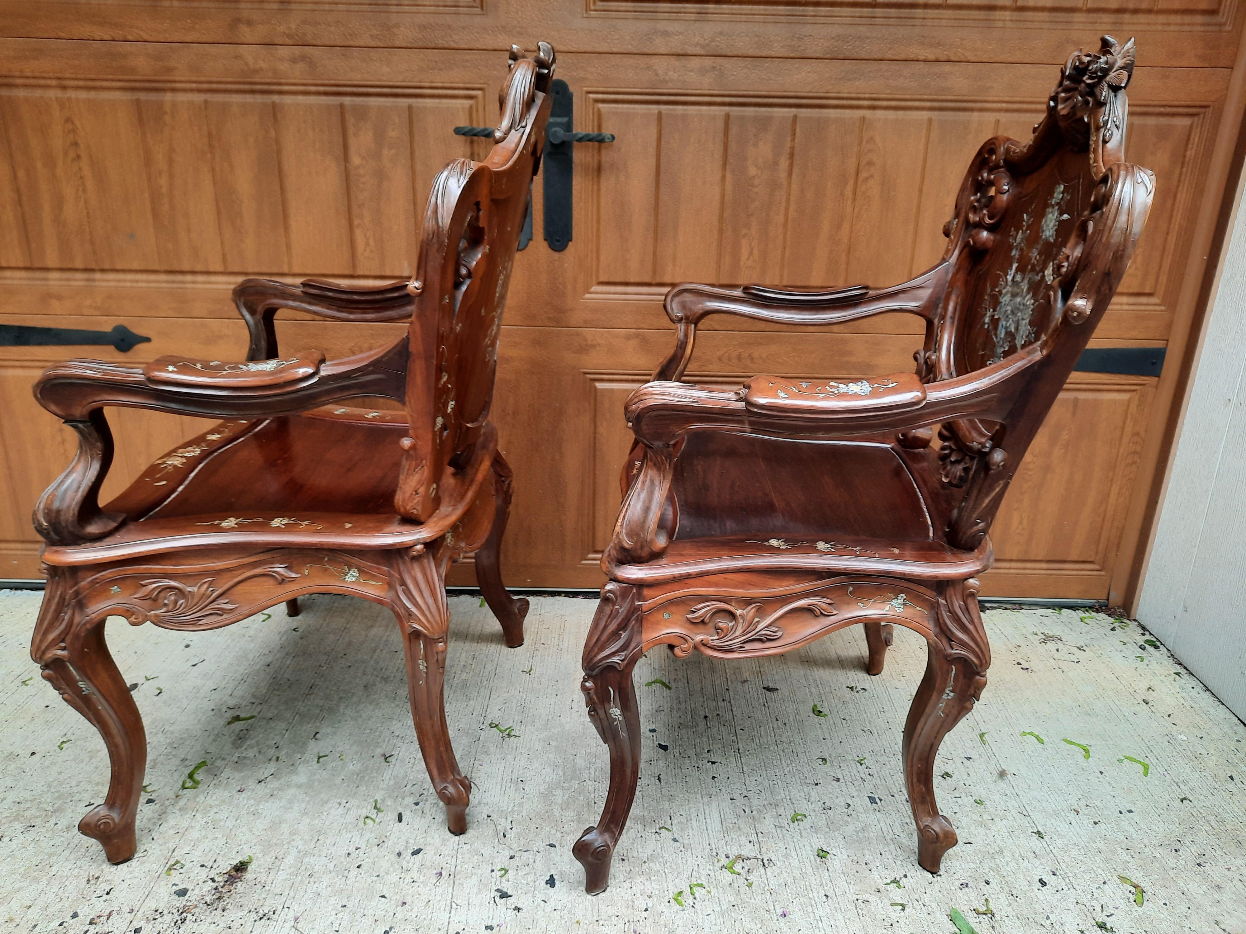Pair of Rosewood Arm Chairs with Mother of Pearl Inlay For Sale 3