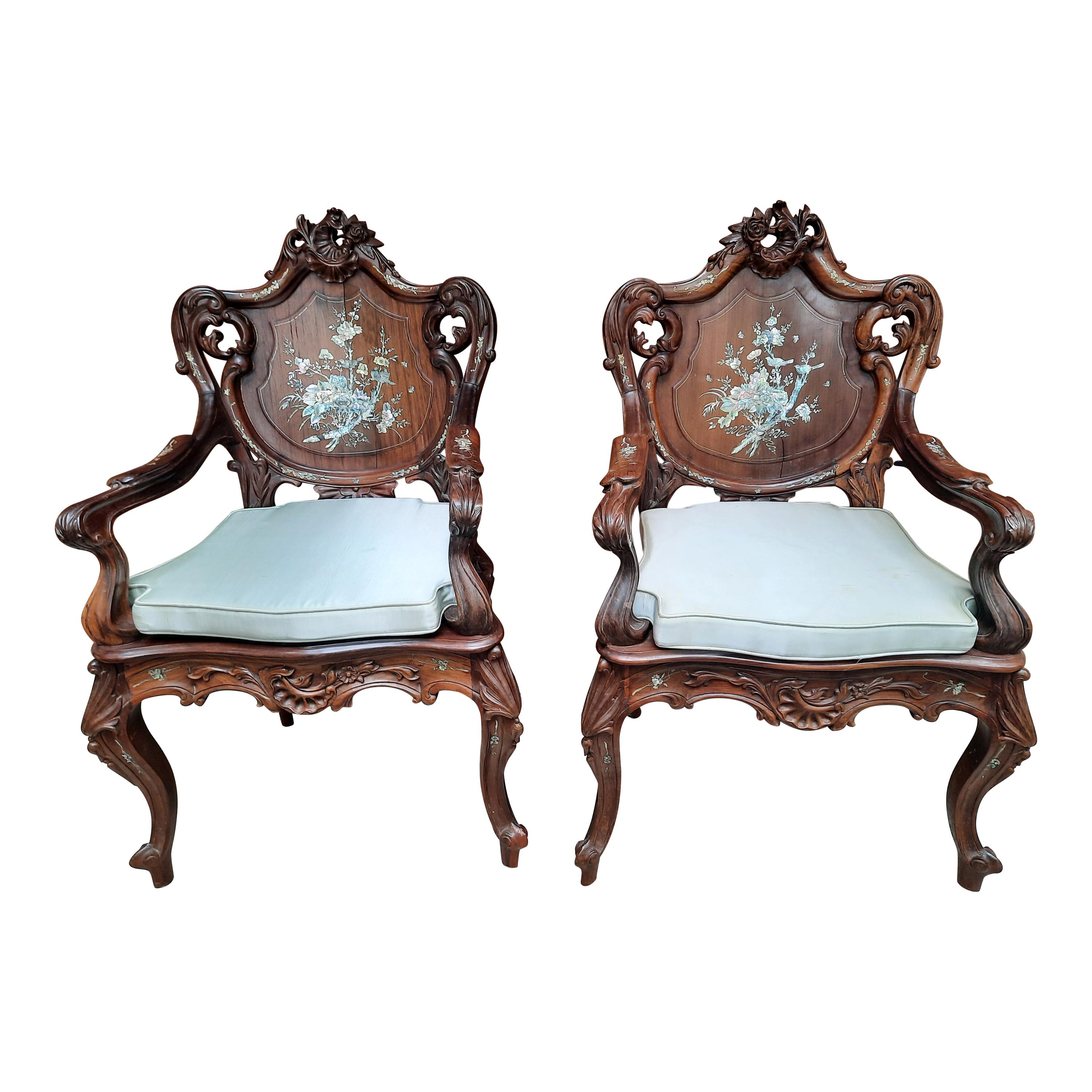 Pair of Rosewood Arm Chairs with Mother of Pearl Inlay For Sale