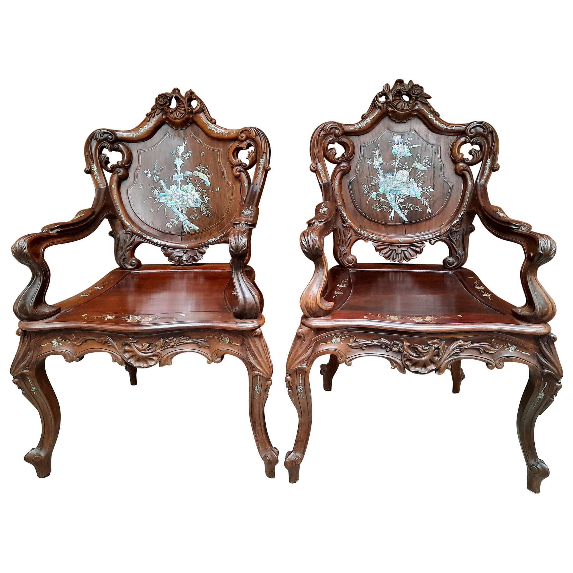 Pair of Rosewood Arm Chairs with Mother of Pearl Inlay For Sale