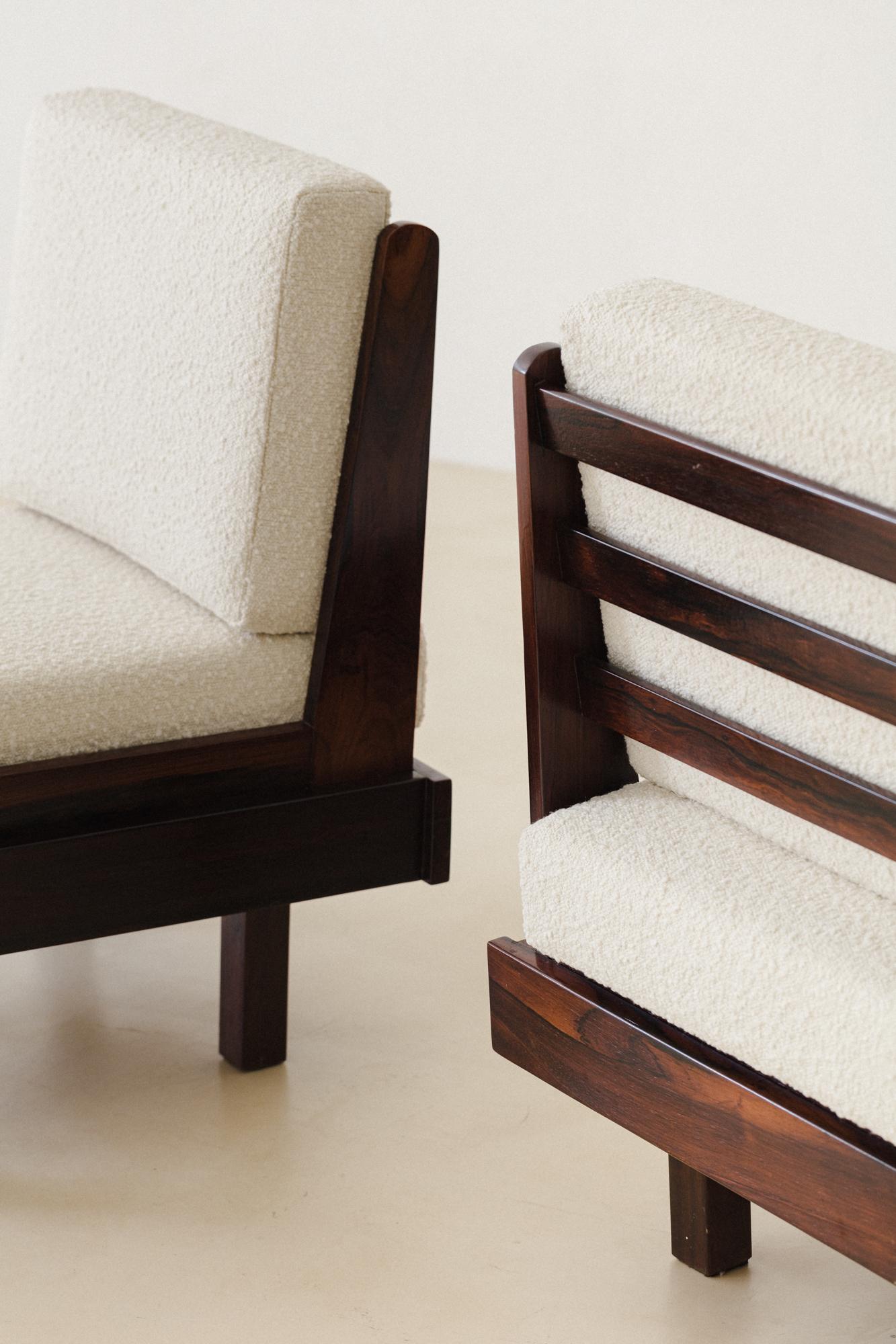 Linen Pair of Rosewood Armchairs by Celina Decorações, Brazilian Mid Century, 1960s For Sale