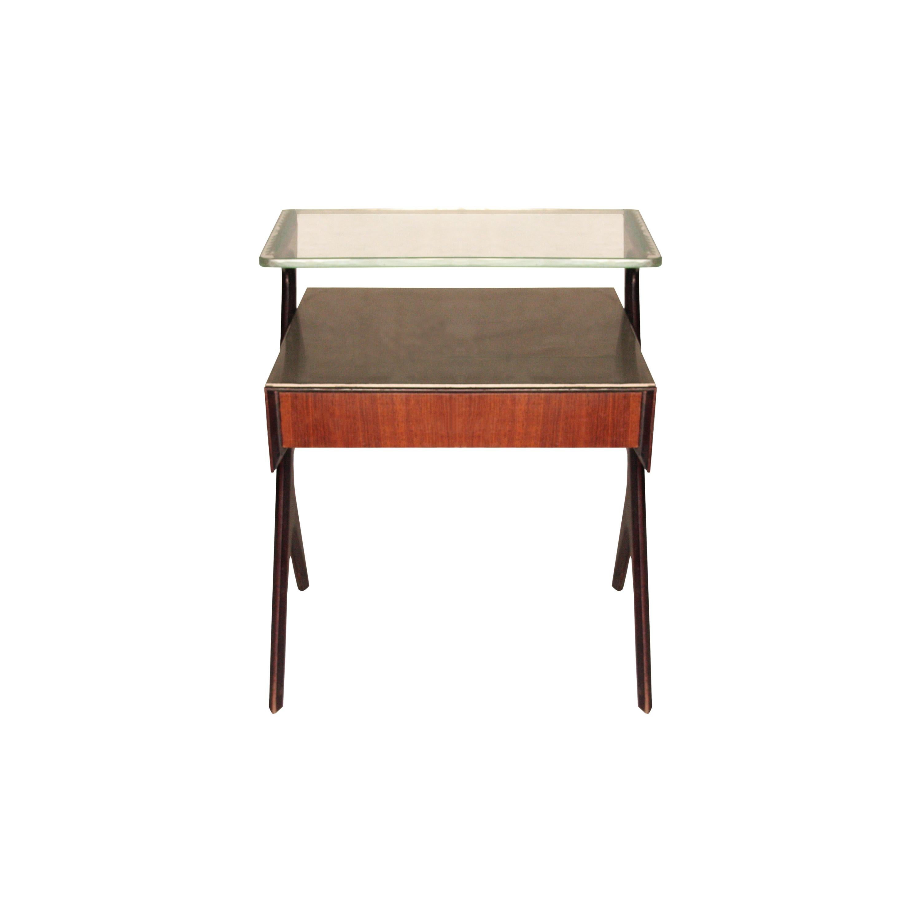 Pair of bedside tables made of wood, with drawer and glass top shelf and opaline envelope.