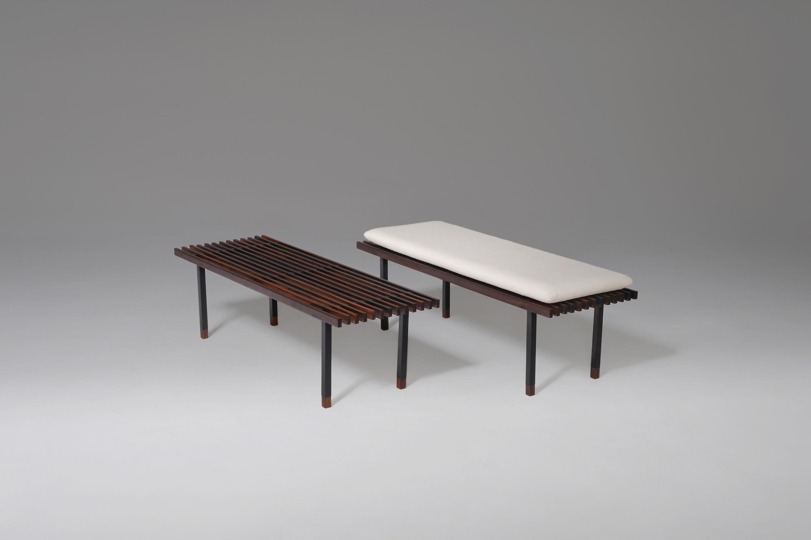 Rare pair of benches by Franco Campo & Carlo Graffi, Italy, 1950s. Made of beautiful solid rosewood slats and a nice black lacquered metal frame. Can be used as a pair of benches but is also beautiful as a side - or coffee tables. Provided with one
