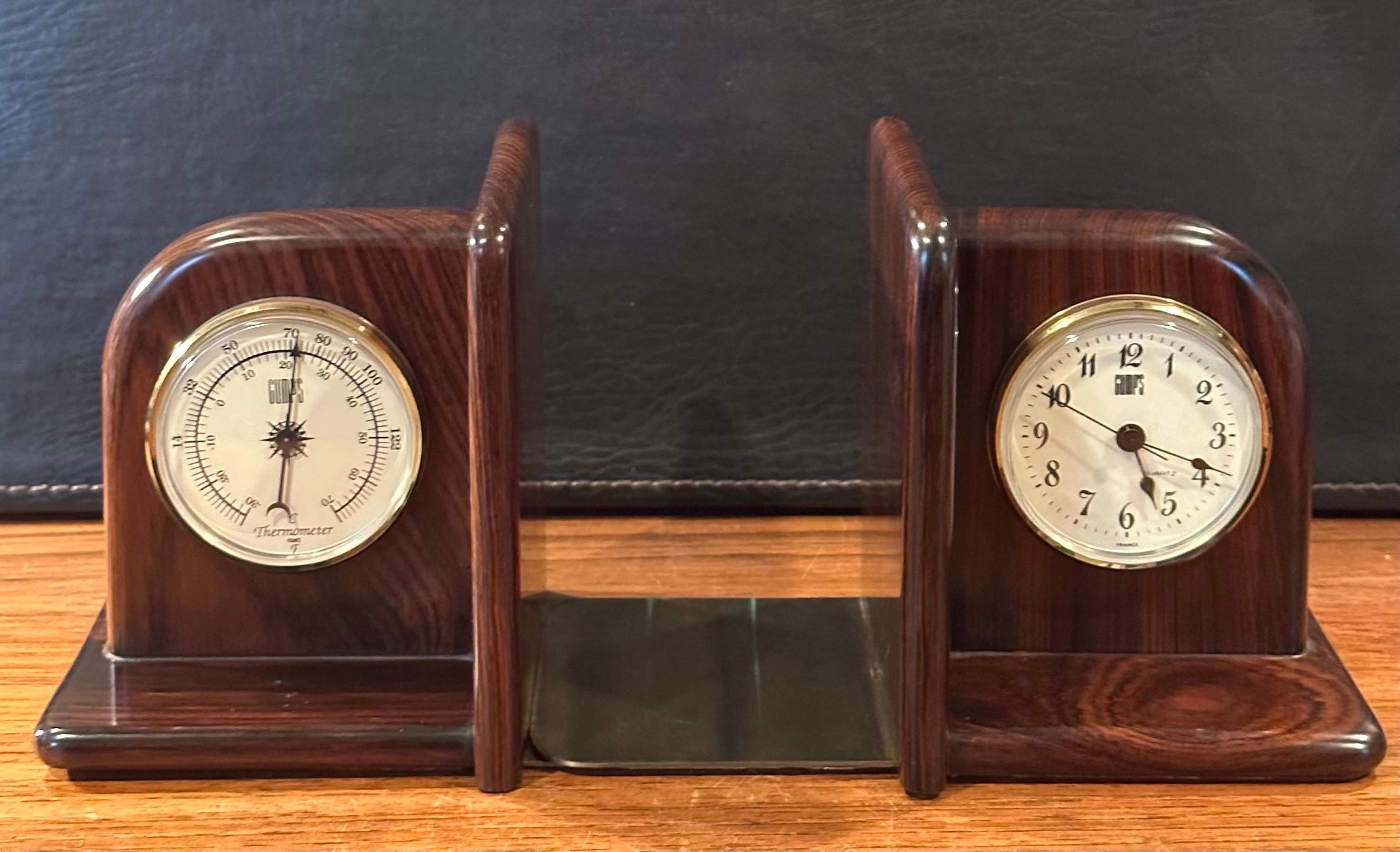 Pair of Rosewood Bookends with Clock and Thermometer by Gumps For Sale 9