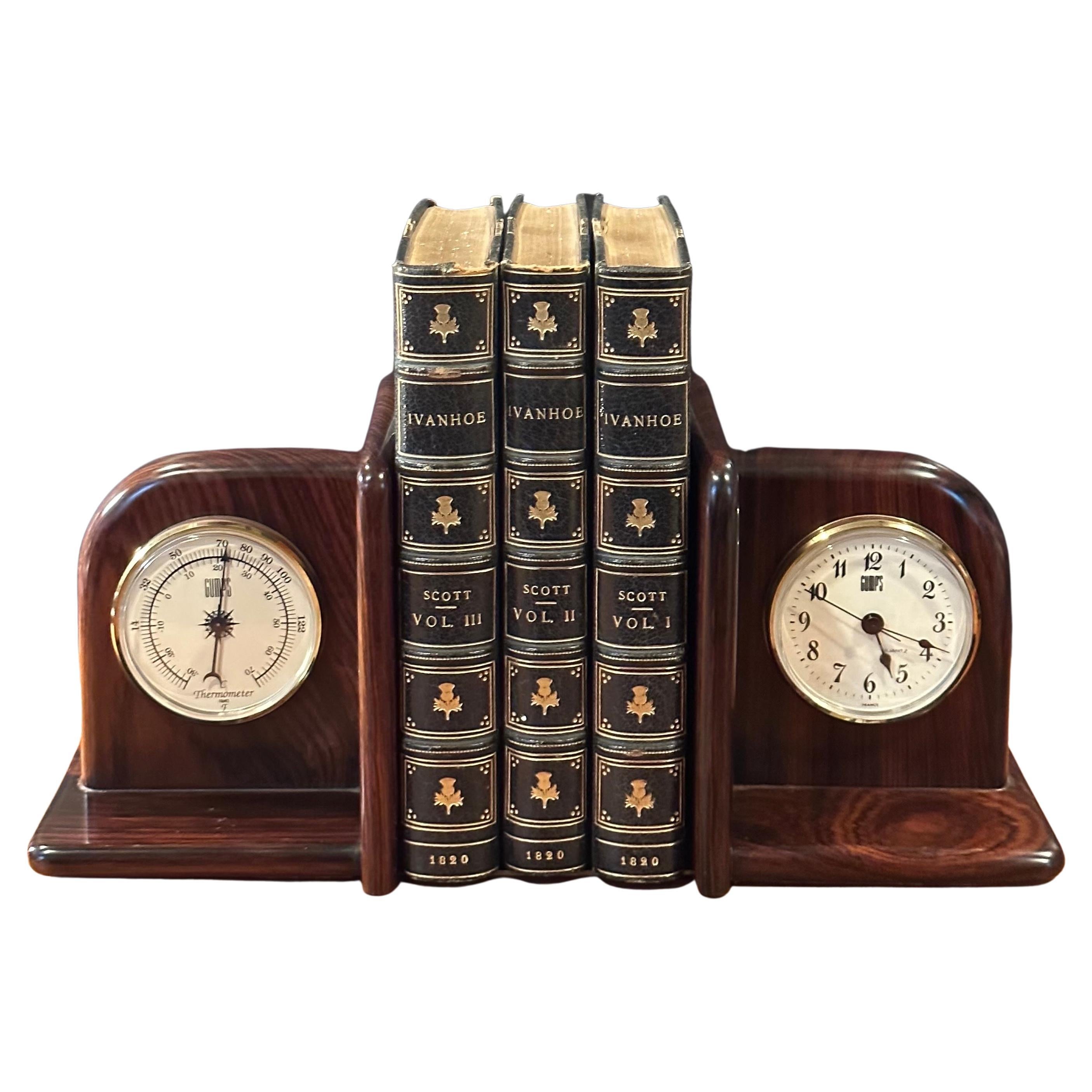 Pair of Rosewood Bookends with Clock and Thermometer by Gumps For Sale 10