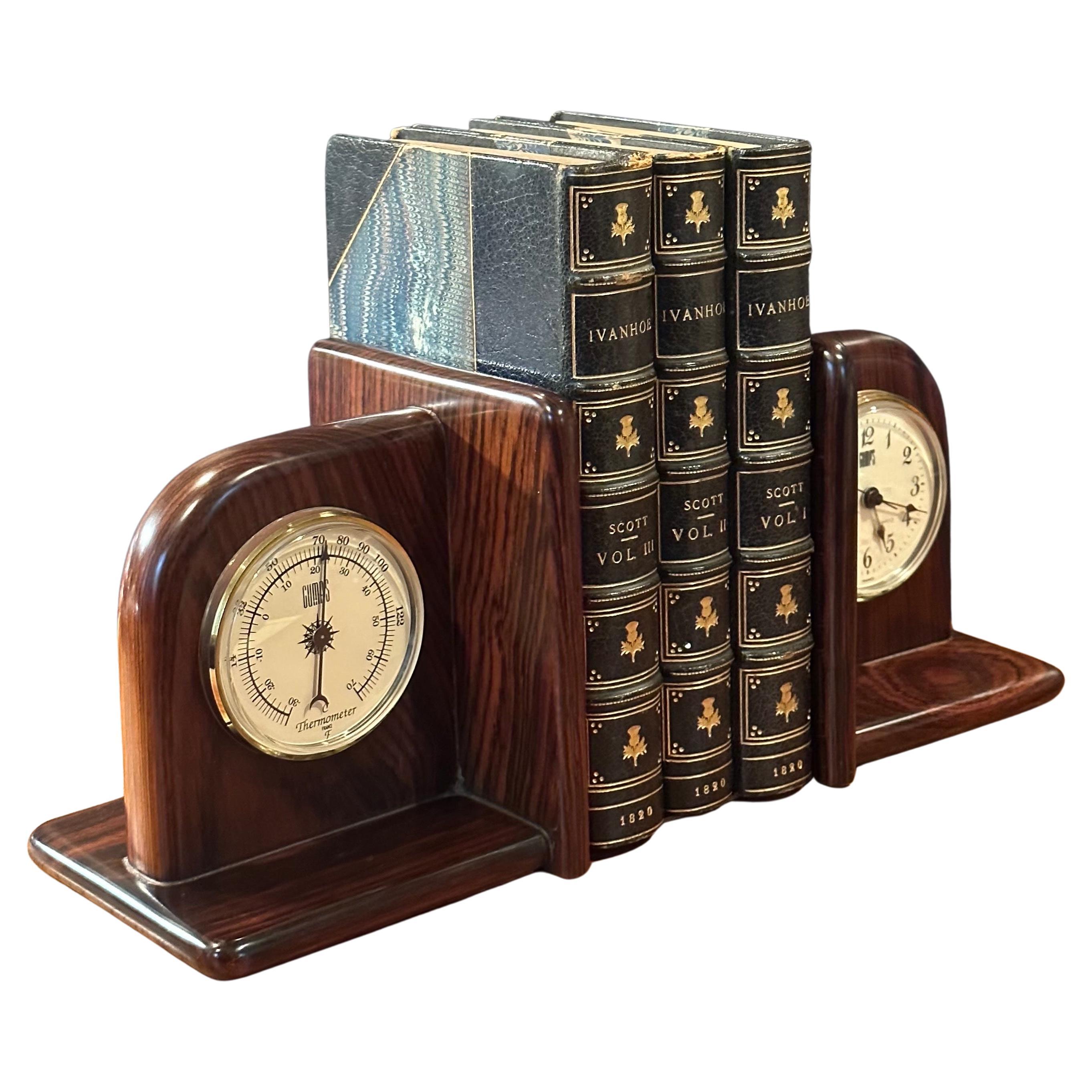 Pair of Rosewood Bookends with Clock and Thermometer by Gumps In Good Condition For Sale In San Diego, CA