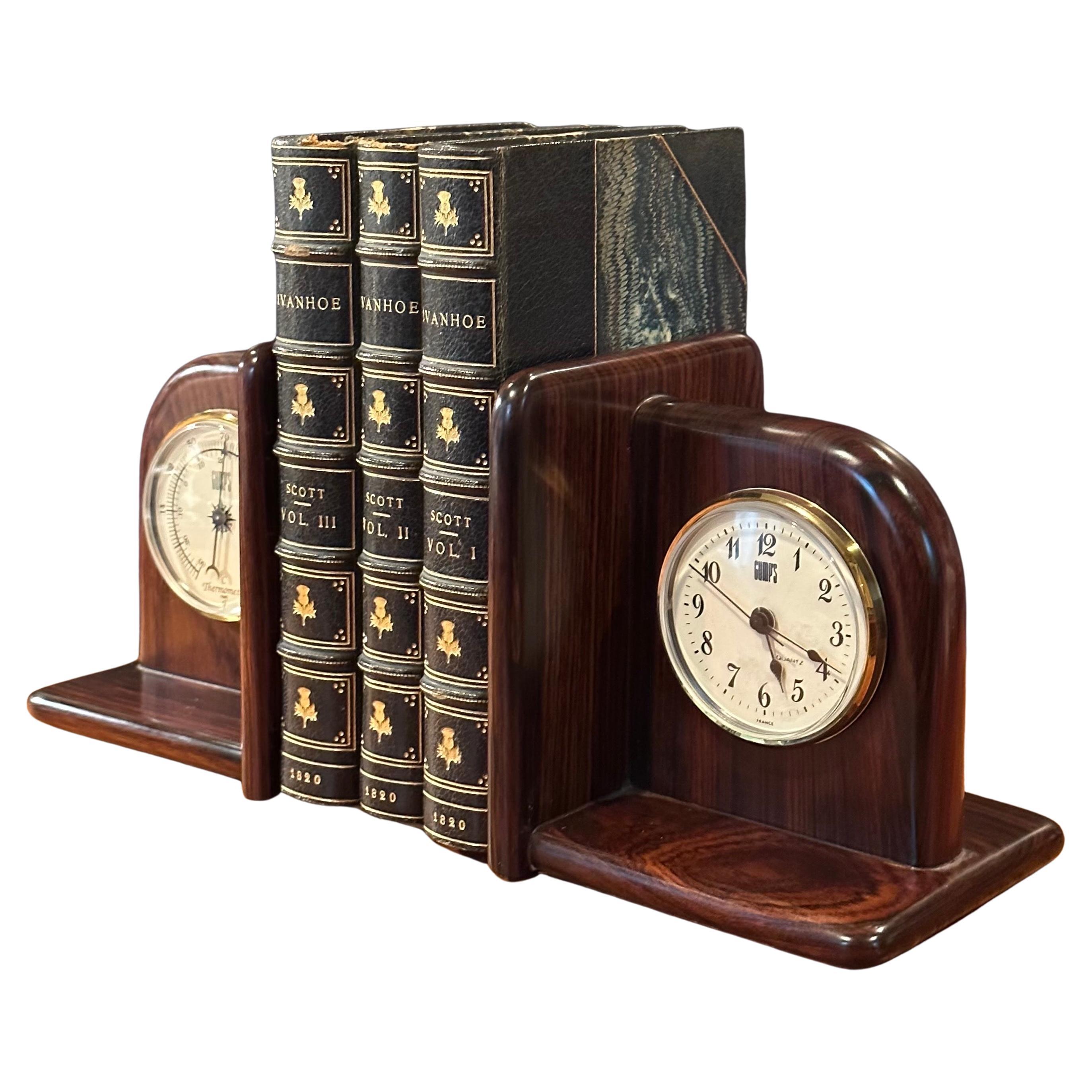 20th Century Pair of Rosewood Bookends with Clock and Thermometer by Gumps For Sale