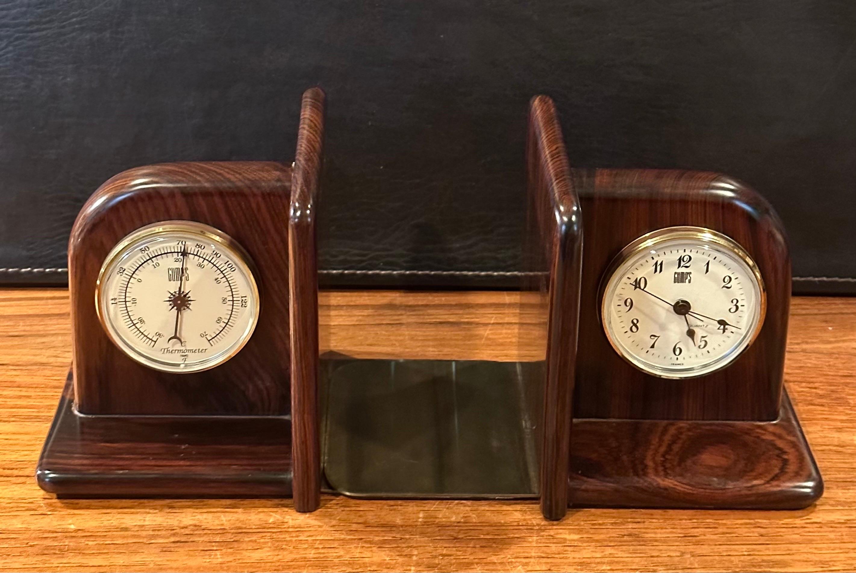 Metal Pair of Rosewood Bookends with Clock and Thermometer by Gumps For Sale
