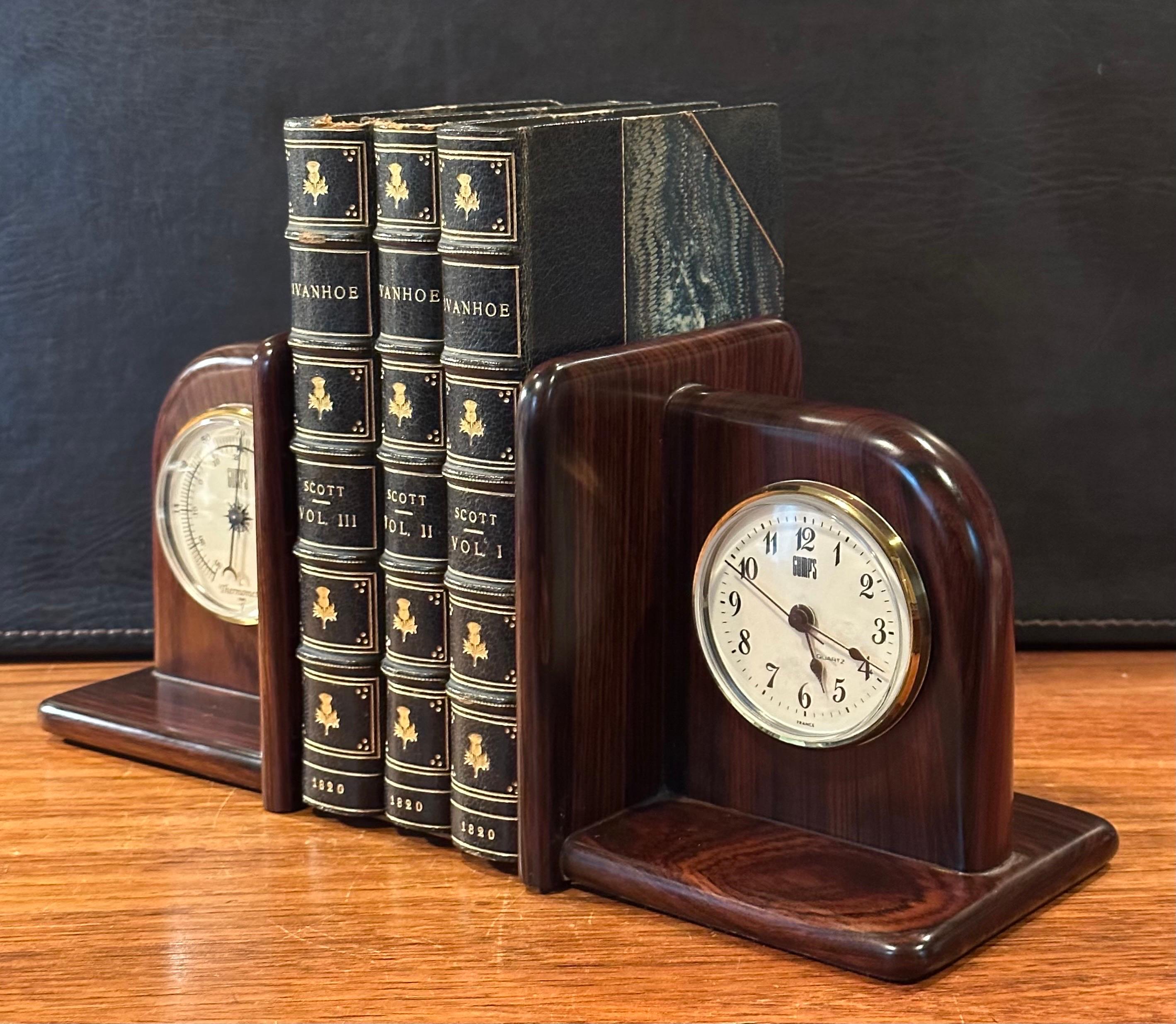 Pair of Rosewood Bookends with Clock and Thermometer by Gumps For Sale 1
