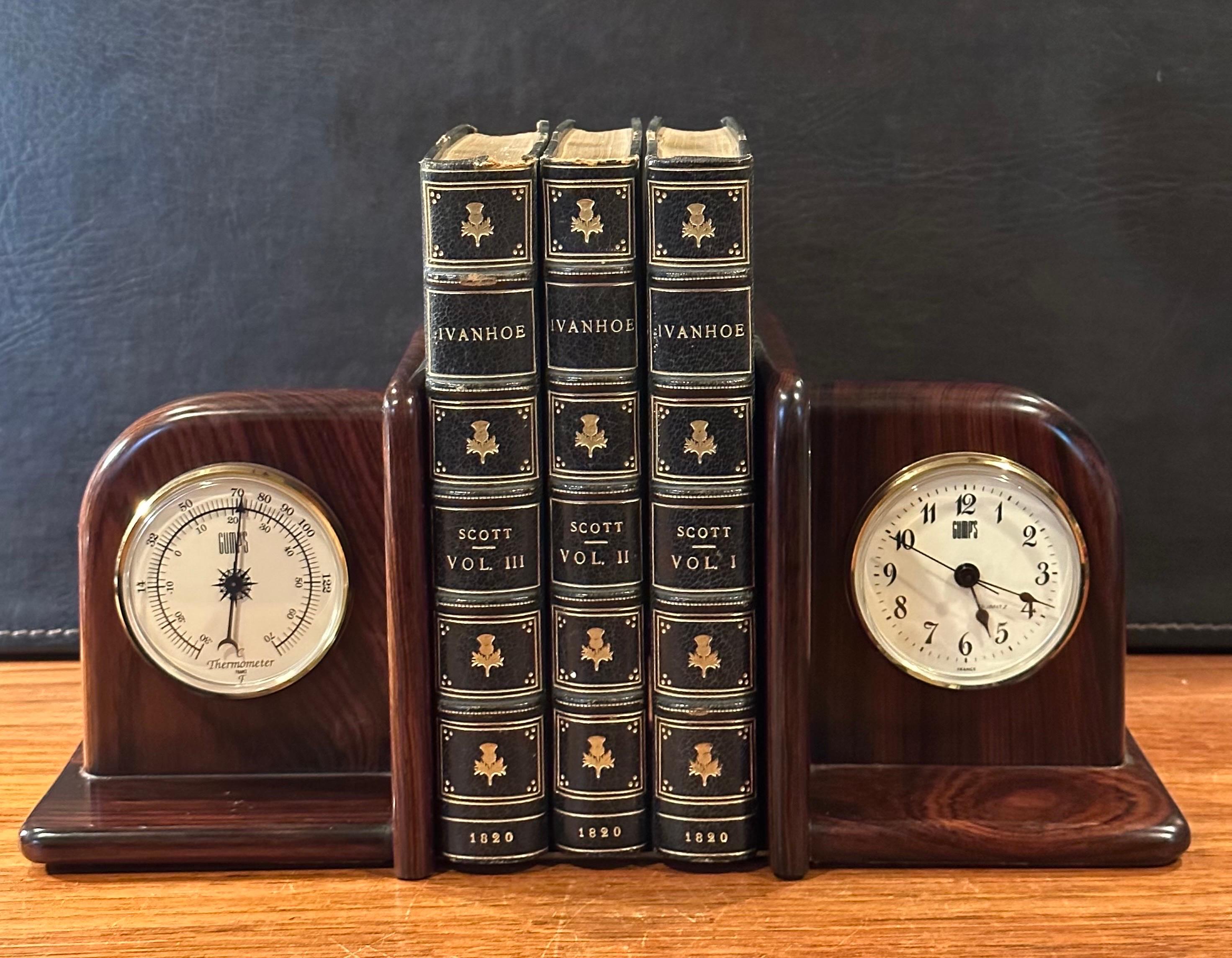 Pair of Rosewood Bookends with Clock and Thermometer by Gumps For Sale 2