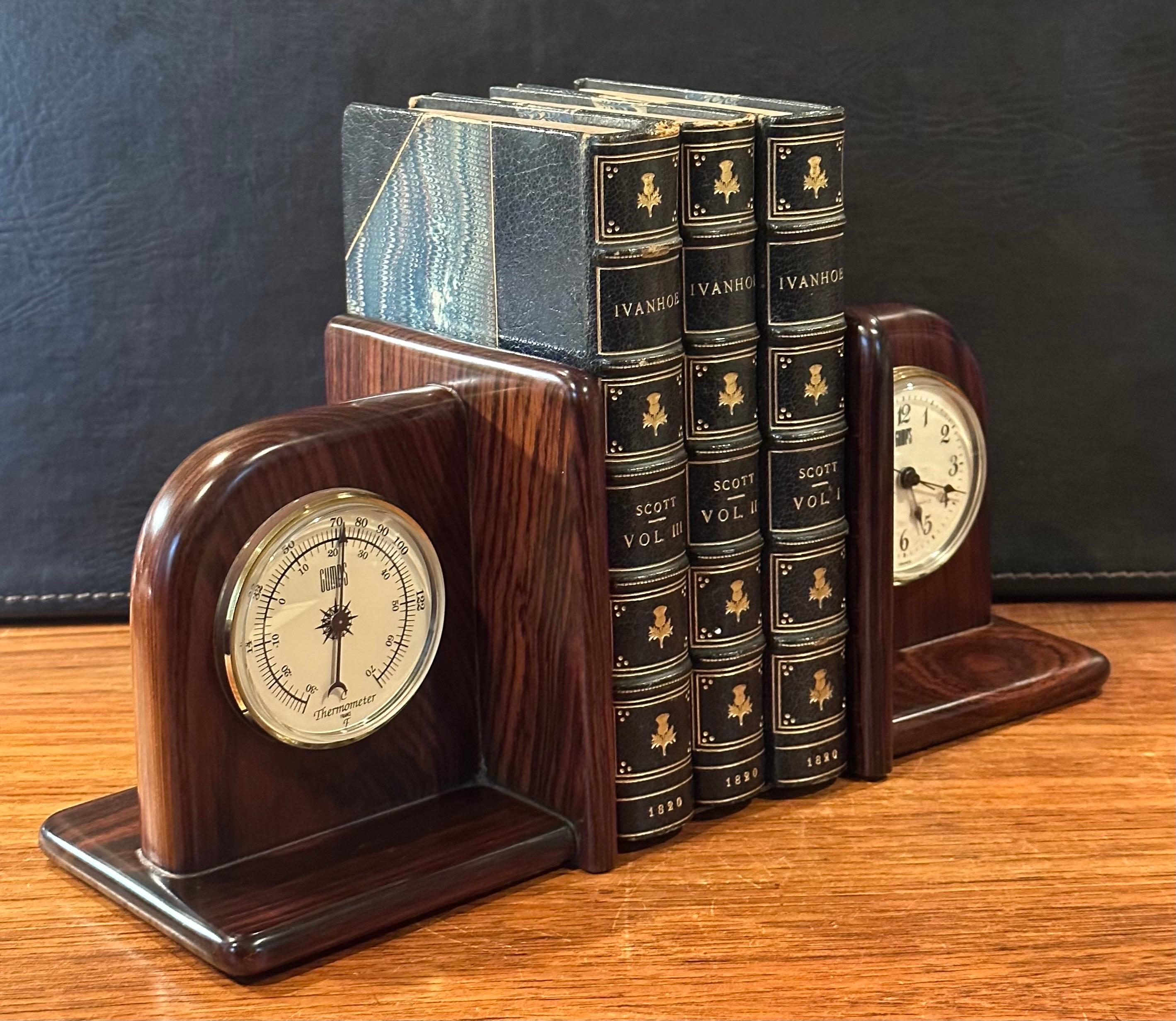 Pair of Rosewood Bookends with Clock and Thermometer by Gumps For Sale 3