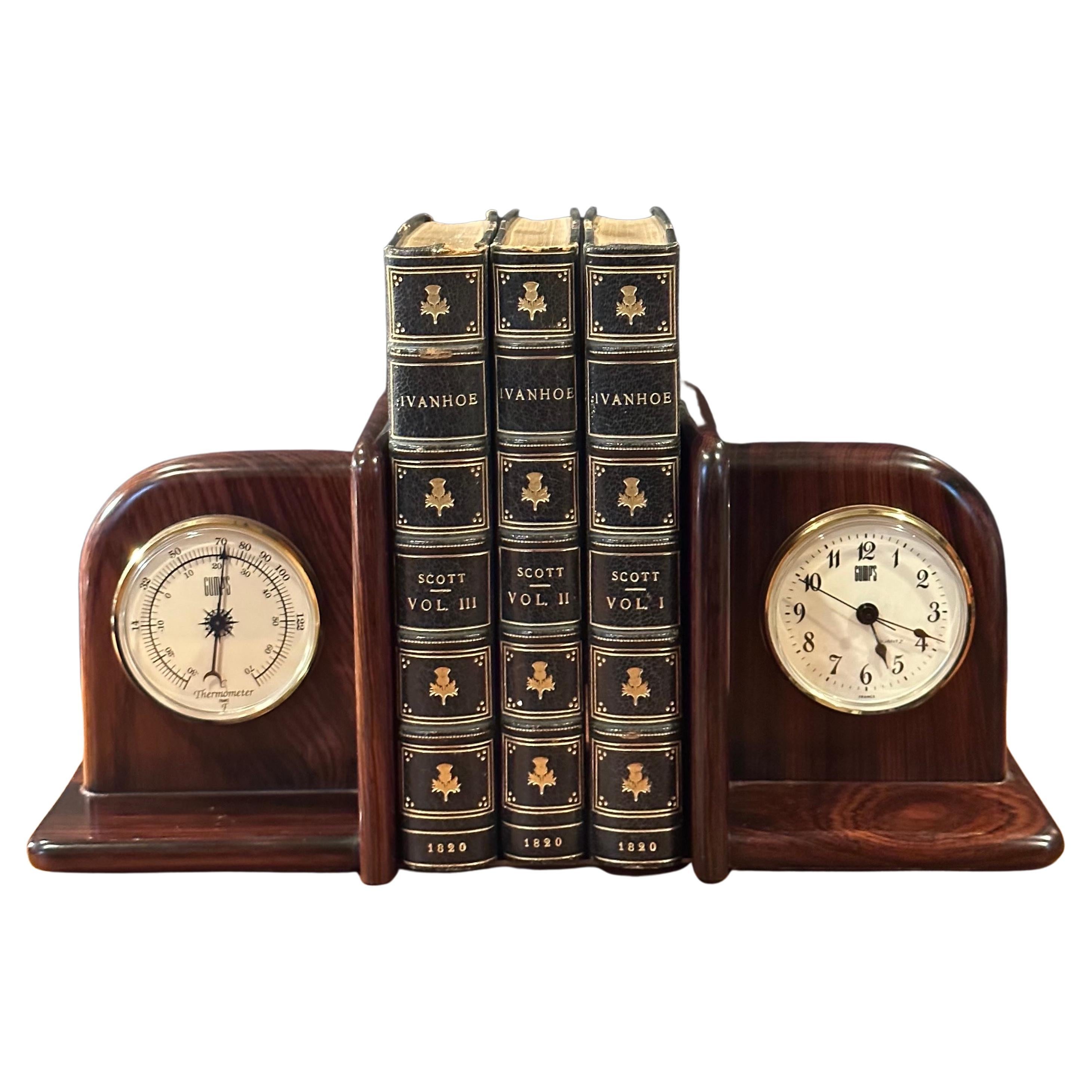 Pair of Rosewood Bookends with Clock and Thermometer by Gumps For Sale