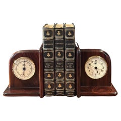 Paire de serre-livres en bois de rose avec horloge et thermomètre par Gumps