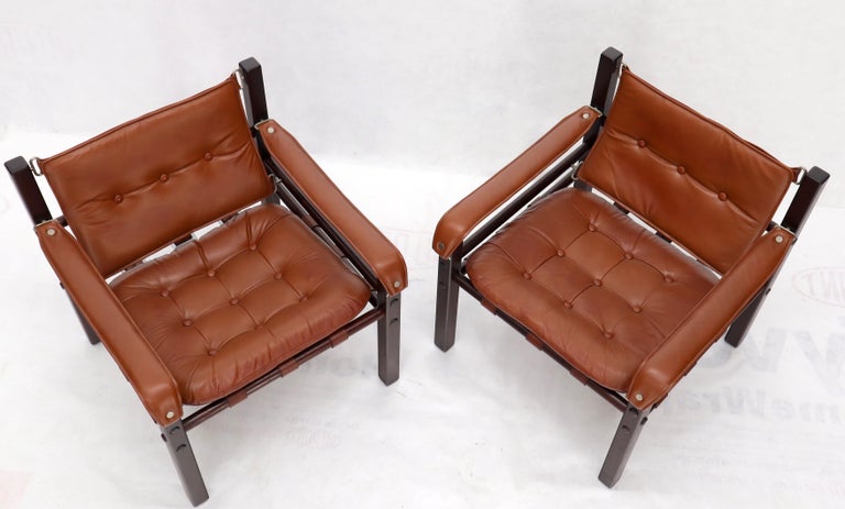 Danish Pair of Rosewood Brown Leather Upholstery Safari Sling Chairs For Sale