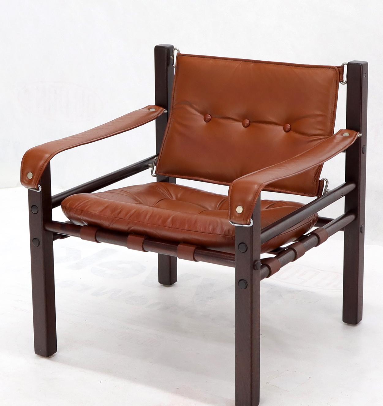 Danish Pair of Rosewood Brown Leather Upholstery Safari Sling Chairs