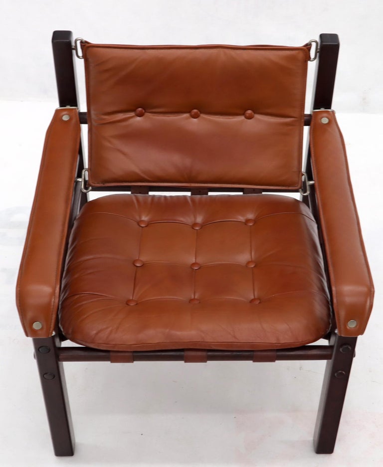 20th Century Pair of Rosewood Brown Leather Upholstery Safari Sling Chairs For Sale