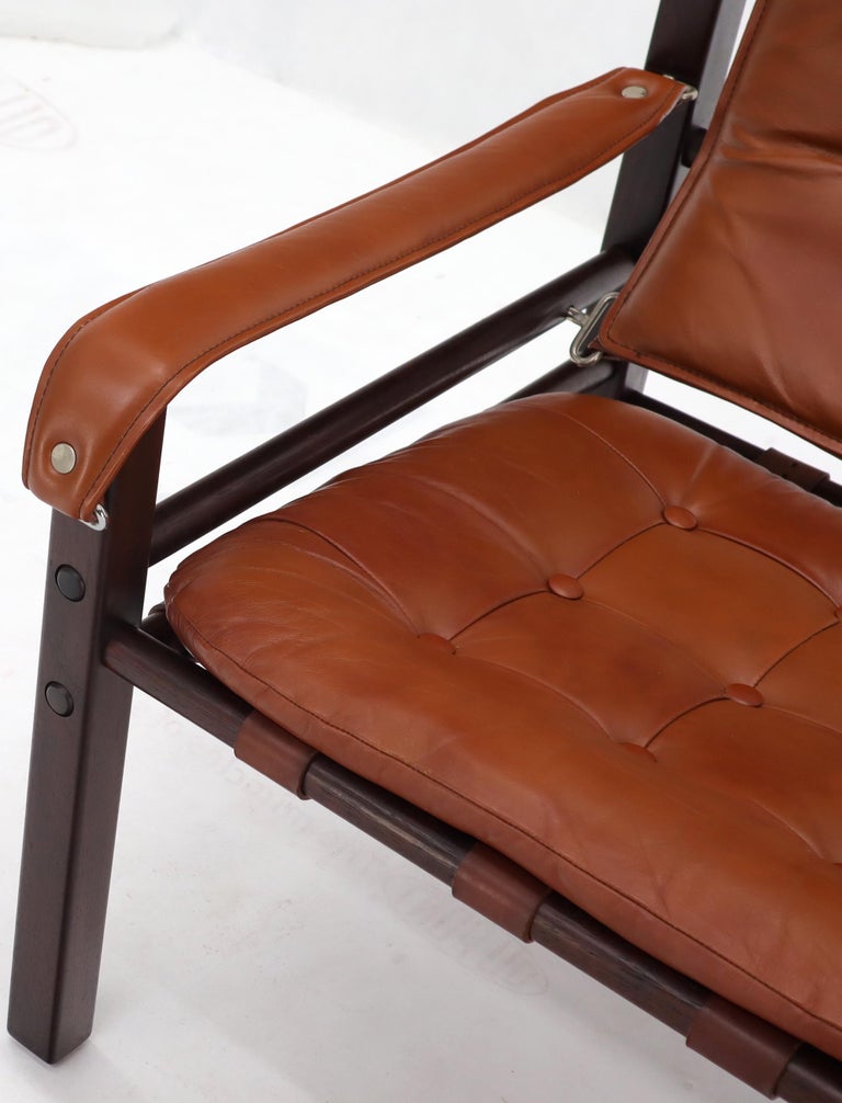 Pair of Rosewood Brown Leather Upholstery Safari Sling Chairs For Sale 1