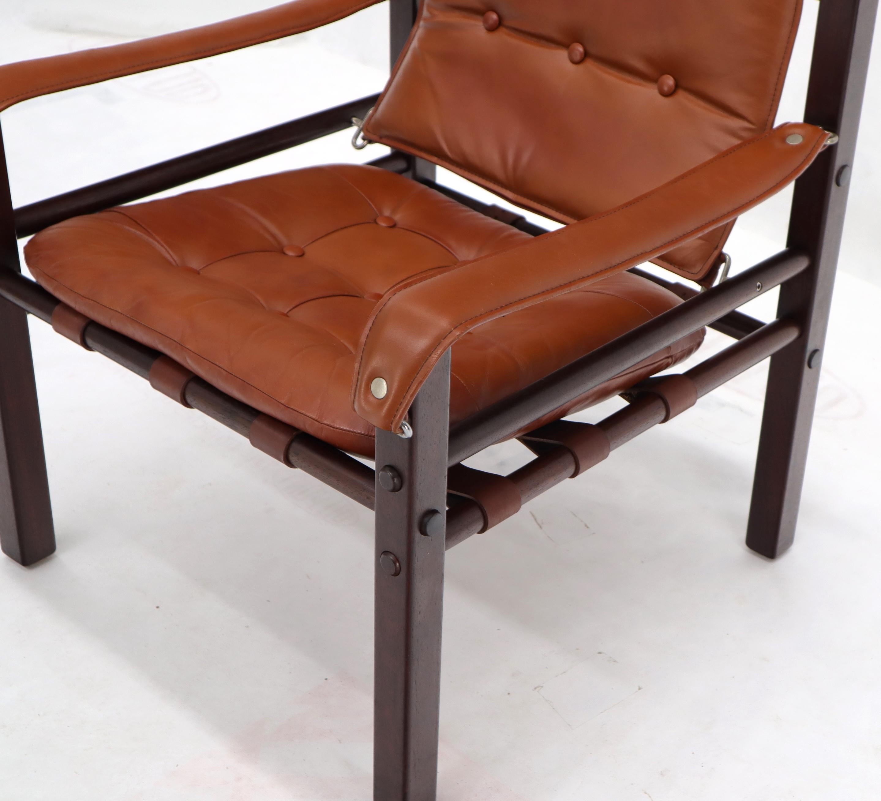 Pair of Rosewood Brown Leather Upholstery Safari Sling Chairs 1