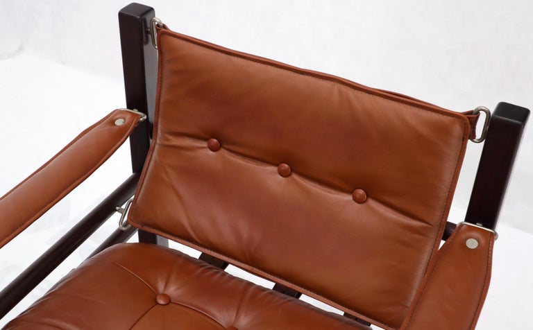 Pair of Rosewood Brown Leather Upholstery Safari Sling Chairs For Sale 3