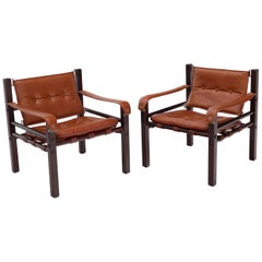 Pair of Rosewood Brown Leather Upholstery Safari Sling Chairs