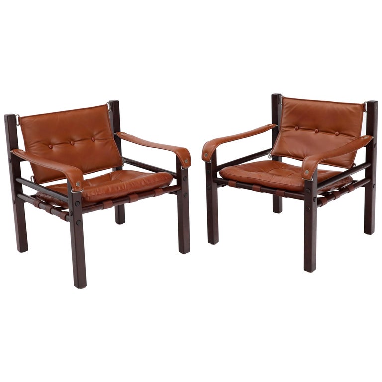 Pair of Rosewood Brown Leather Upholstery Safari Sling Chairs For Sale