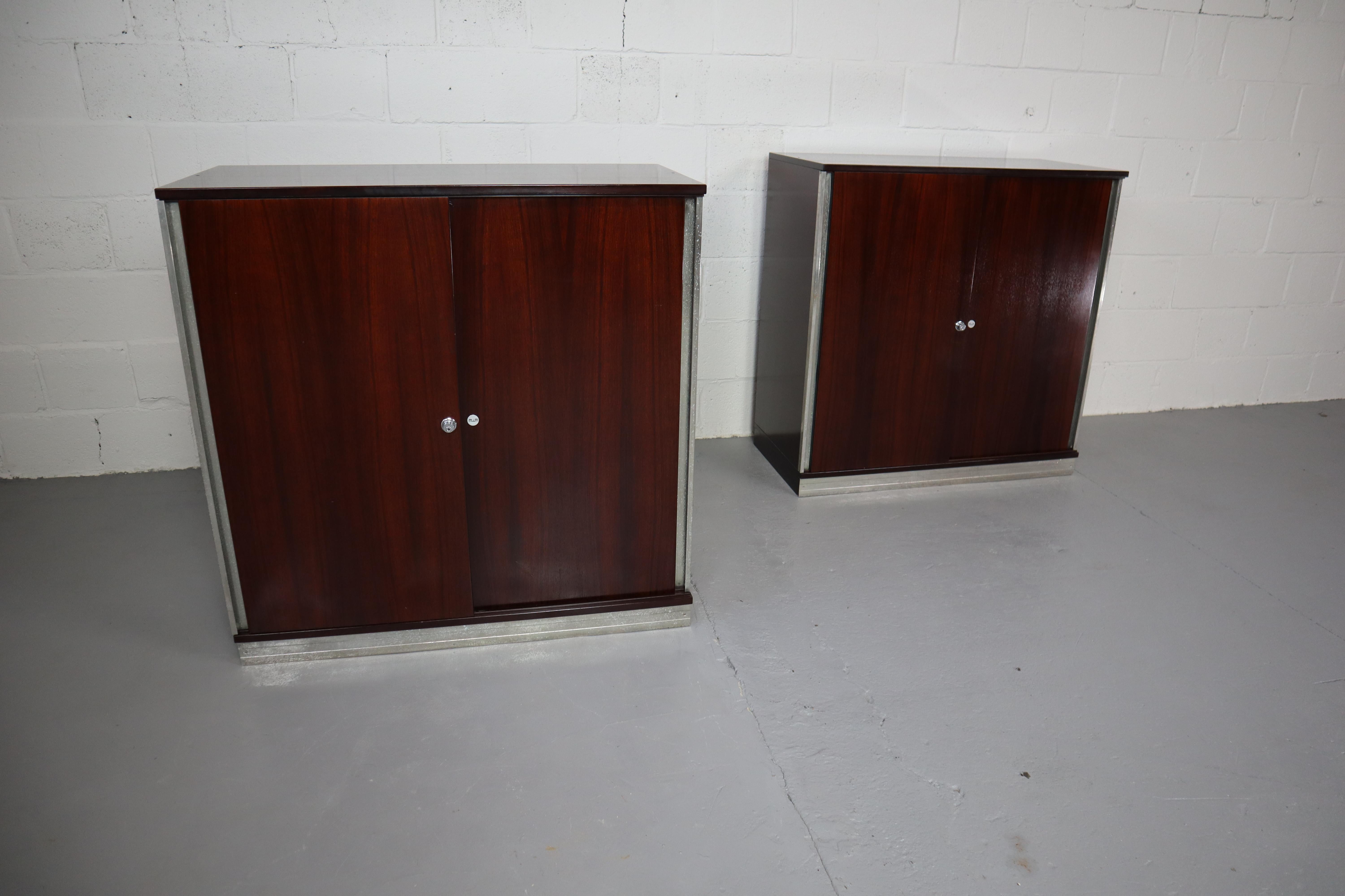 Pair of Rosewood office cabinets by Ico and Luisa Parisi for MIM Roma Italy, 1958
With 2 sliding doors and 2 shelves. 
Aluminium detals!
Working locks with keys!
Matching desk and sideboard also available!