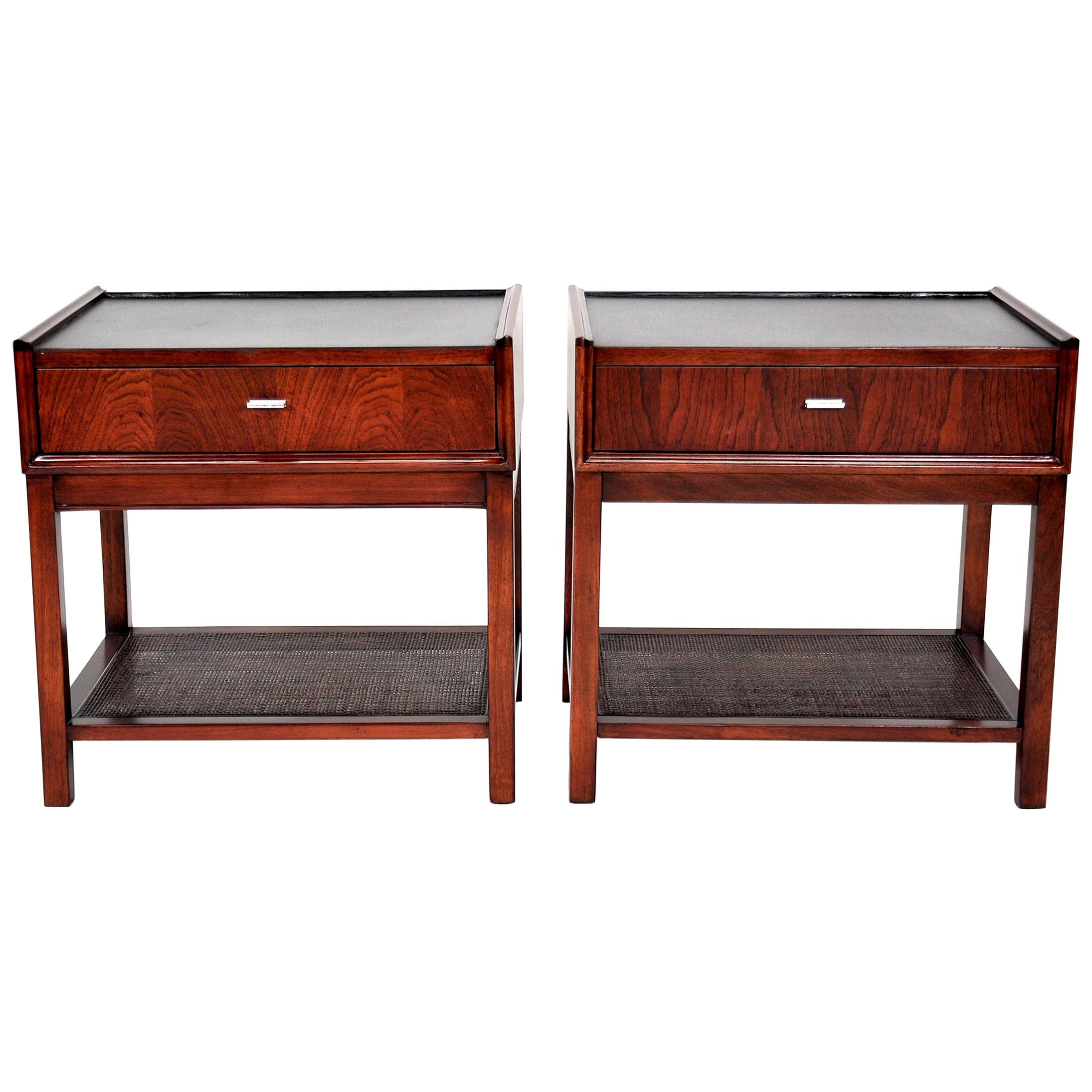 Pair of Rosewood, Cane and Black Leather Nightstands or Side Tables by Founders