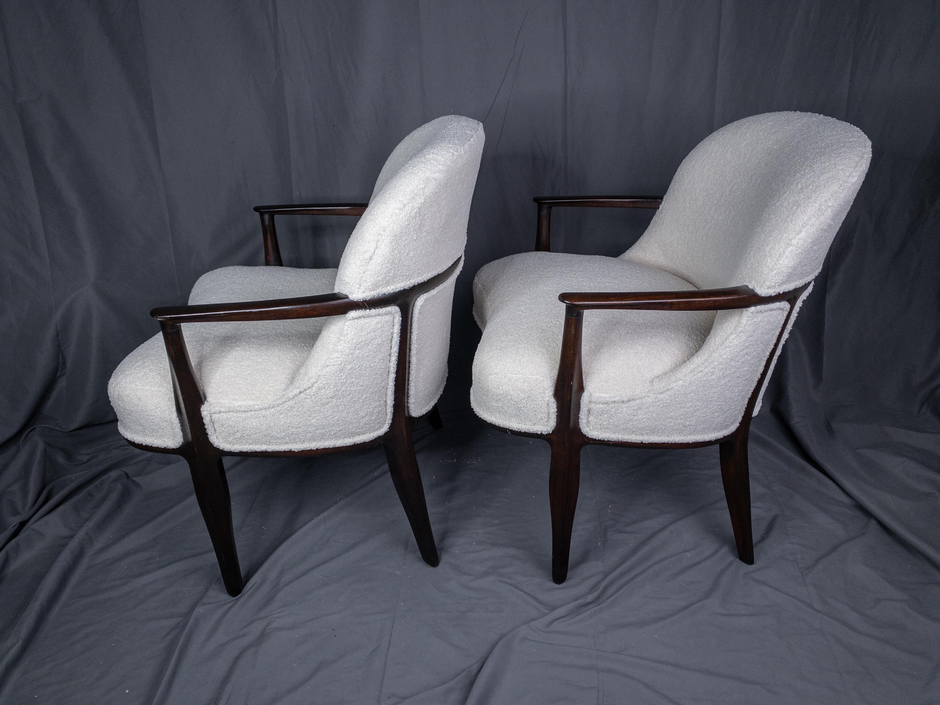 Carved Pair of Edward Wormley Rosewood Janus Lounge Chairs in Bouclé Fabric for Dunbar For Sale