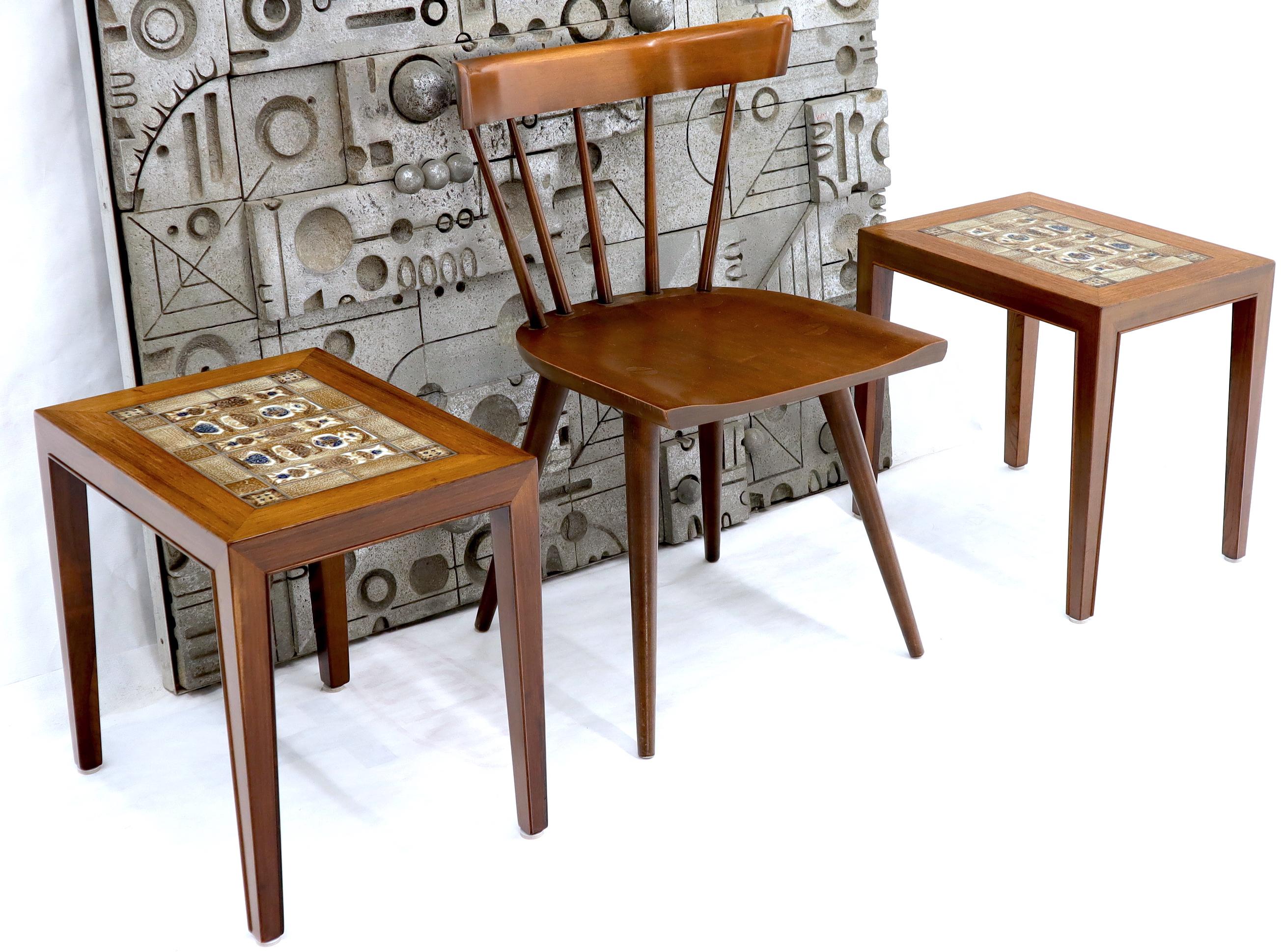 Pair of midcentury Danish modern fine art tile top end side occasional tables. Attributed to Severin Hansen. NYC area delivery starts from $150.