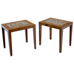 Pair of Rosewood Danish Mid-Century Modern Art Tile Tops Petit End Side Tables