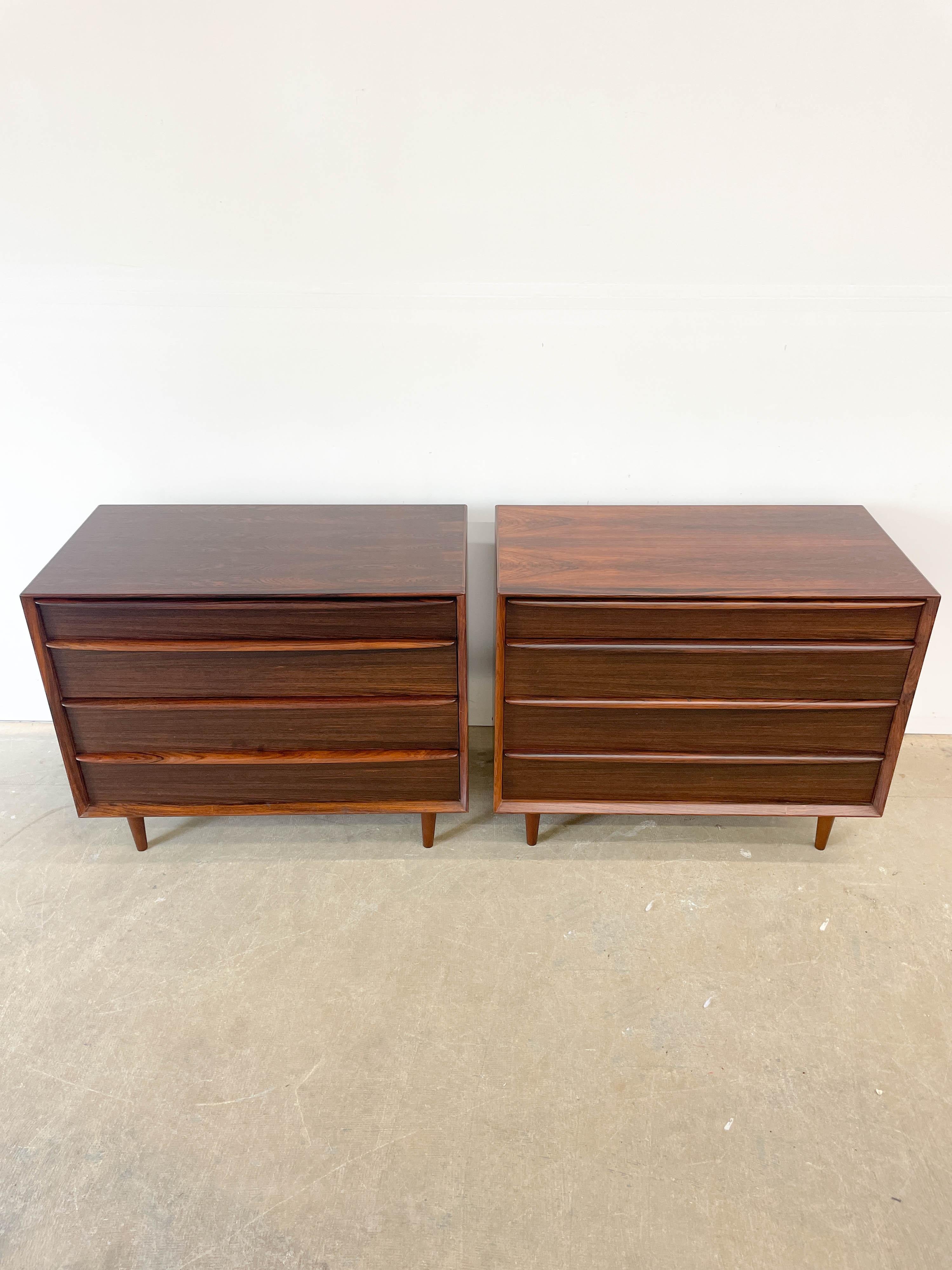 Stunning Brazilian Rosewood dressers made by Falster in Denmark in the 1960s. Beautiful woodgrain on all visible  faces and sculpted drawer pulls make these true show stoppers. Excellent storage and style to boot. Very good original condition. Both