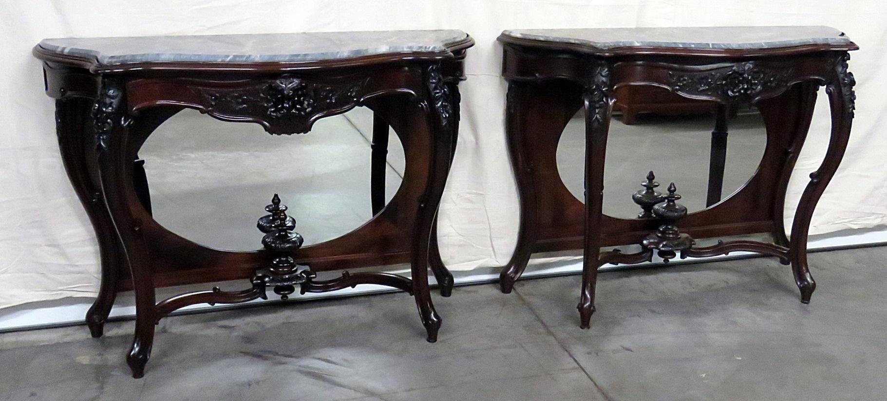 Peruvian Pair Monumental American Victorian Mirrored Rosewood Marble Top Console Tables