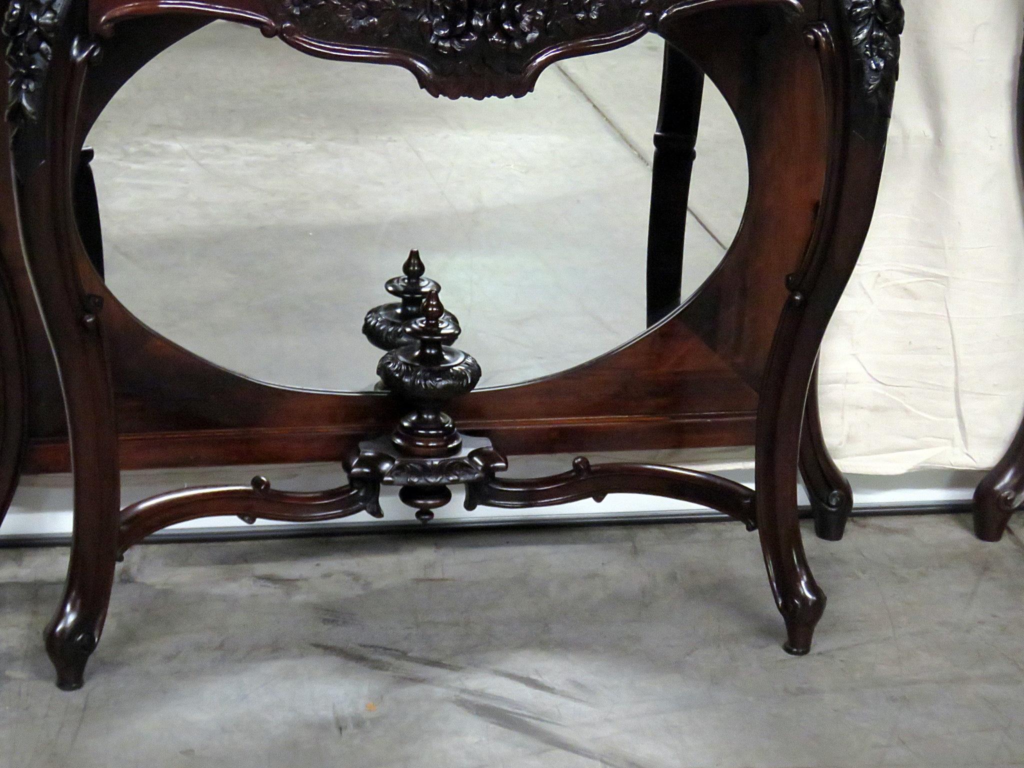 Regency Pair Monumental American Victorian Mirrored Rosewood Marble Top Console Tables