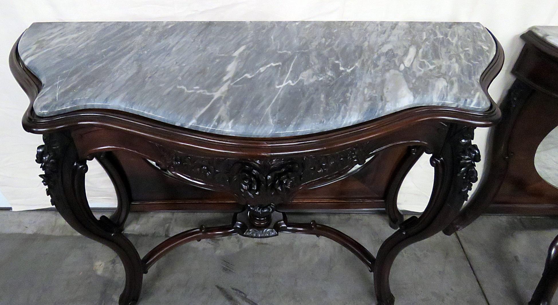 Pair Monumental American Victorian Mirrored Rosewood Marble Top Console Tables 2