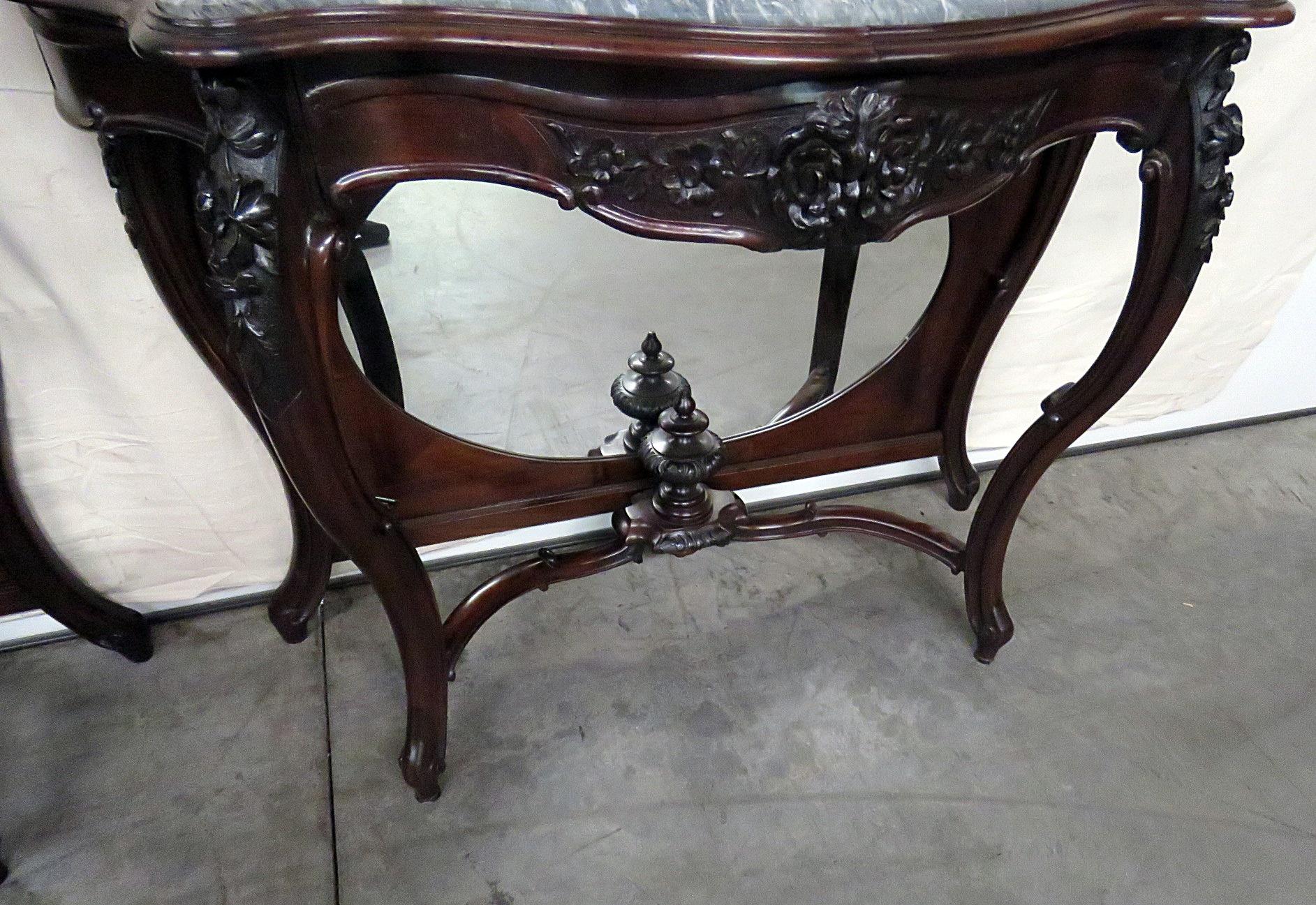 Pair Monumental American Victorian Mirrored Rosewood Marble Top Console Tables 1