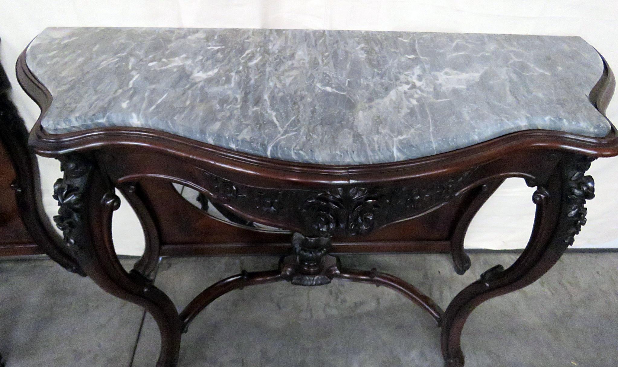 20th Century Pair Monumental American Victorian Mirrored Rosewood Marble Top Console Tables