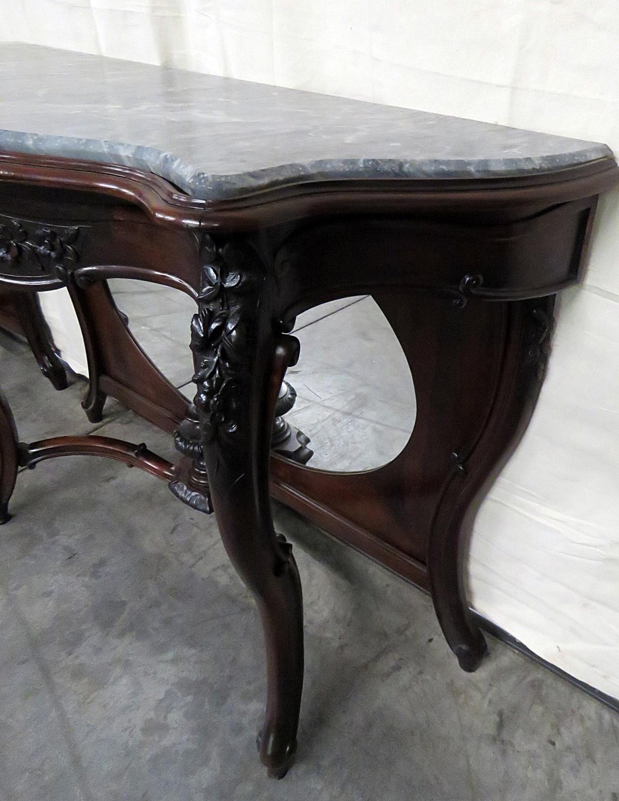 Pair Monumental American Victorian Mirrored Rosewood Marble Top Console Tables In Good Condition In Swedesboro, NJ