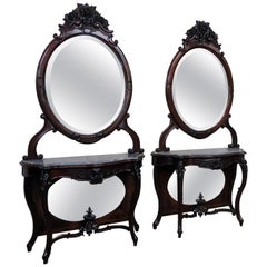 Pair Monumental American Victorian Mirrored Rosewood Marble Top Console Tables