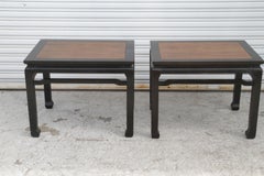 Pair of Walnut and Black Lacquer Chin Hua End Tables with Ming Style Legs