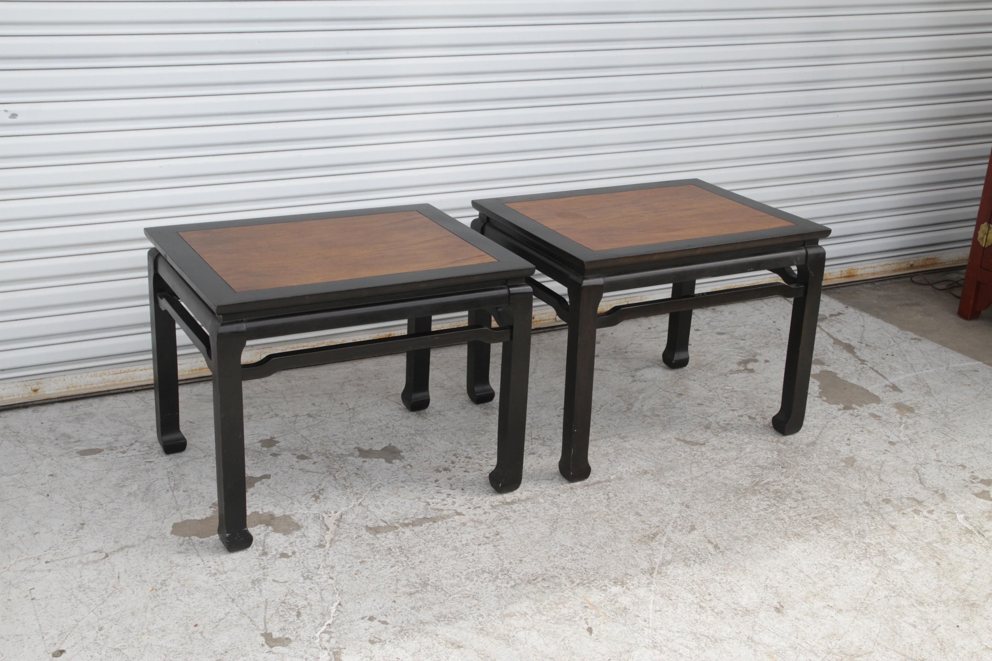 American Pair of Walnut and Black Lacquer Chin Hua End Tables with Ming Style Legs For Sale