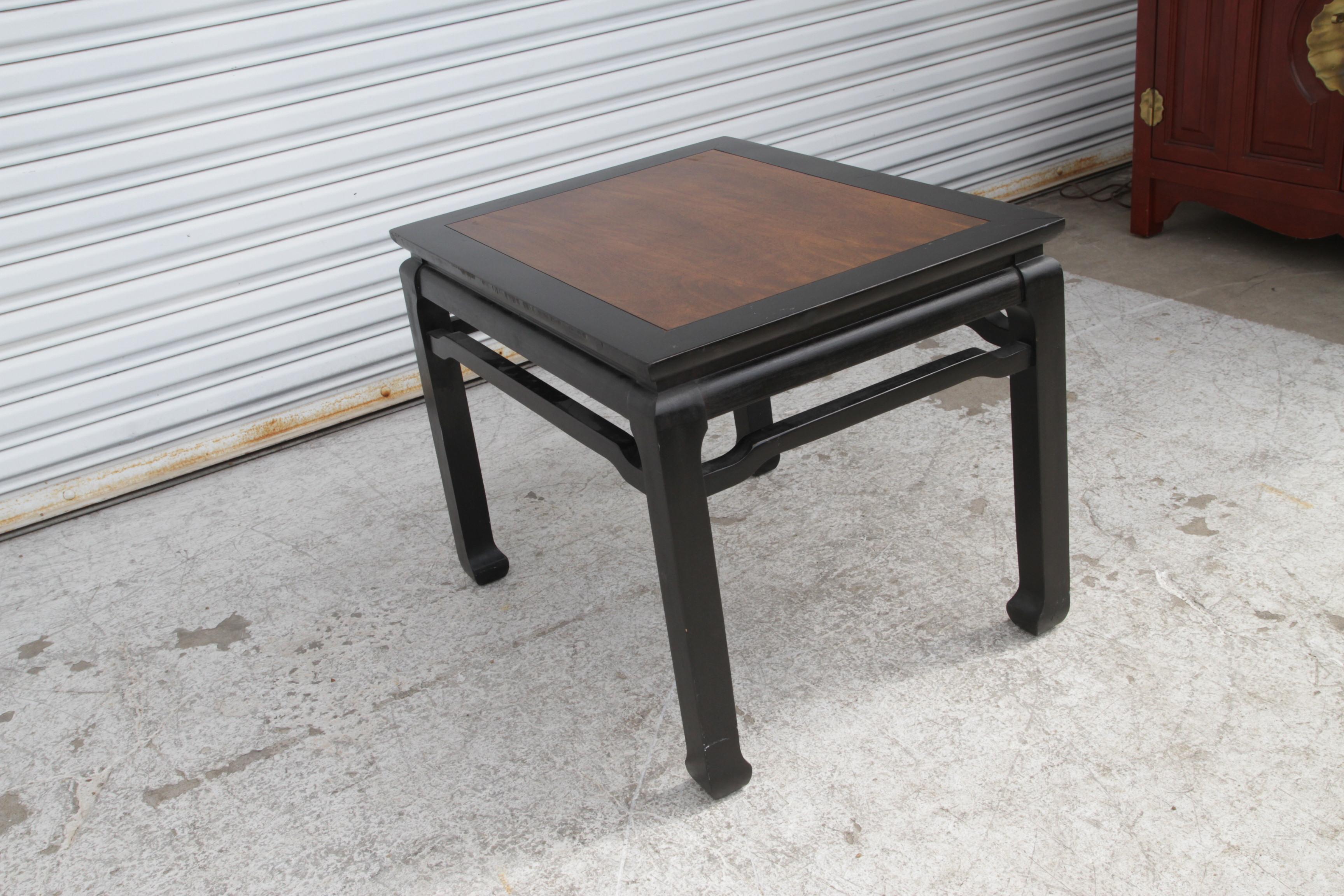 Wood Pair of Walnut and Black Lacquer Chin Hua End Tables with Ming Style Legs For Sale