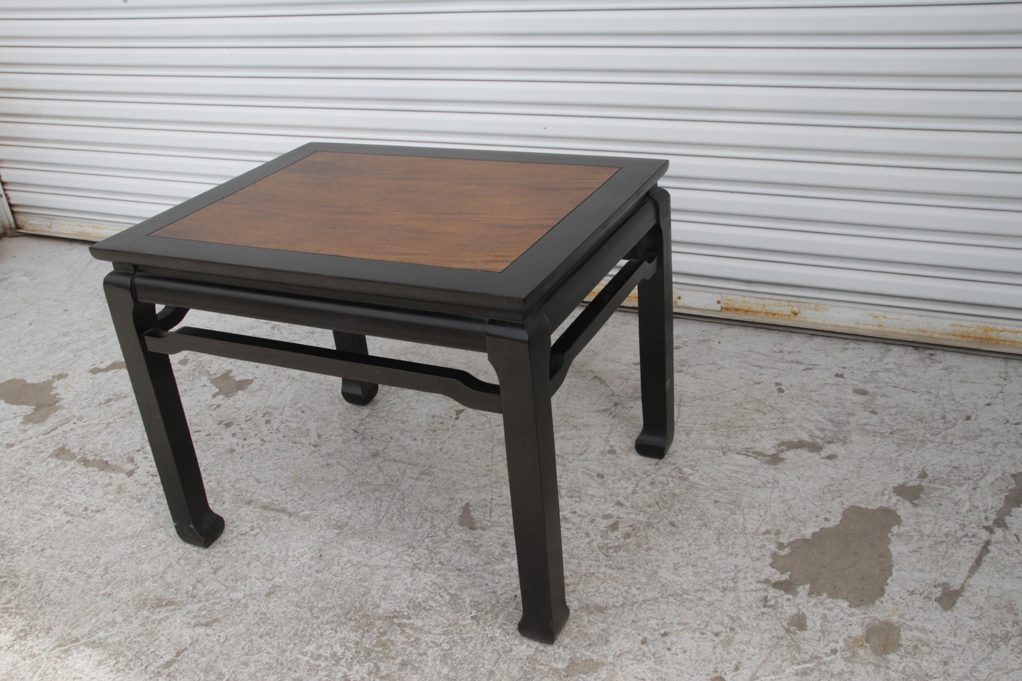 Pair of Walnut and Black Lacquer Chin Hua End Tables with Ming Style Legs For Sale 1