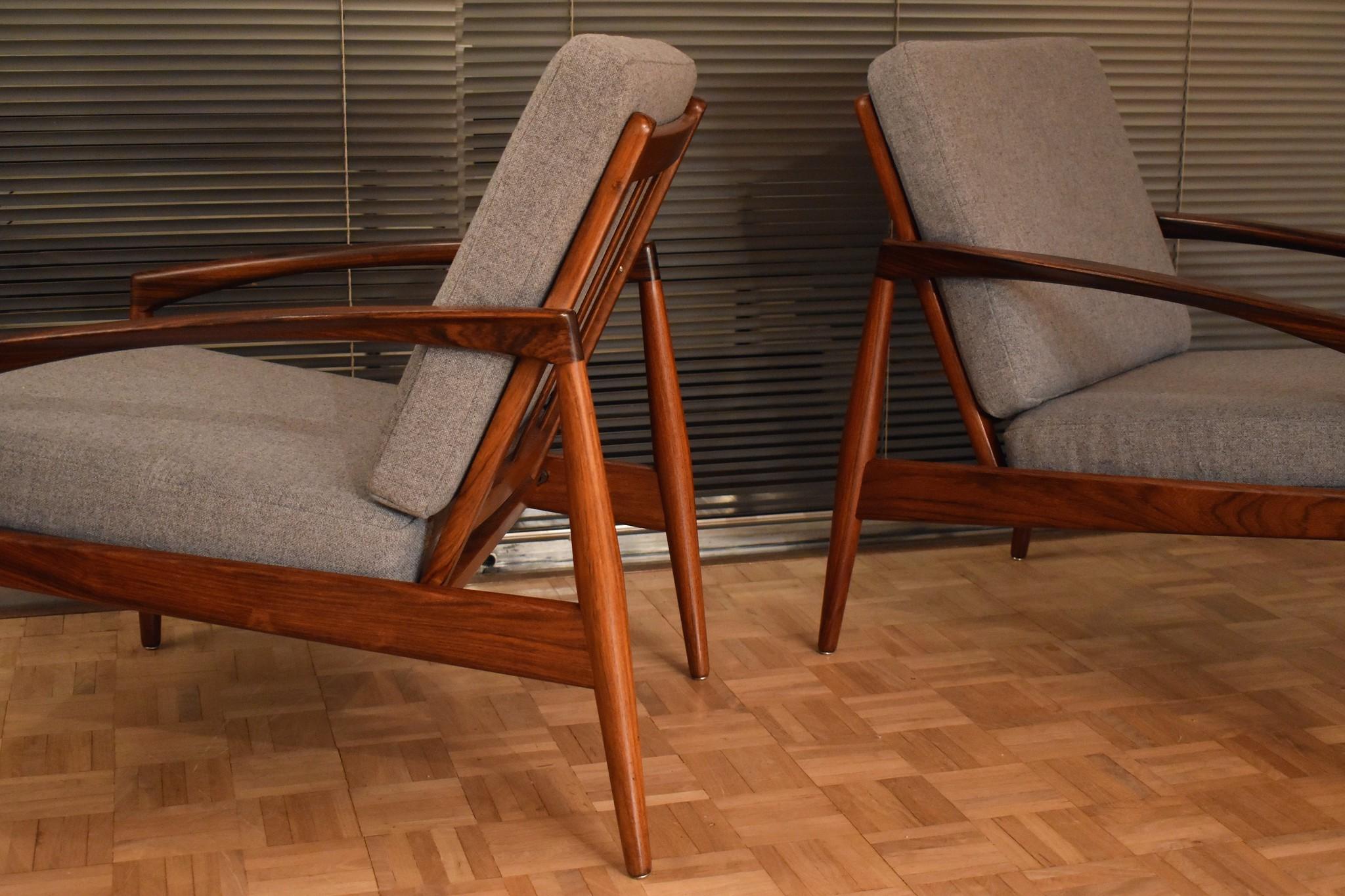 Pair of Rosewood Model 121 Paper Knife Chairs by Kai Kristiansen, Kvadrat Fabric 14