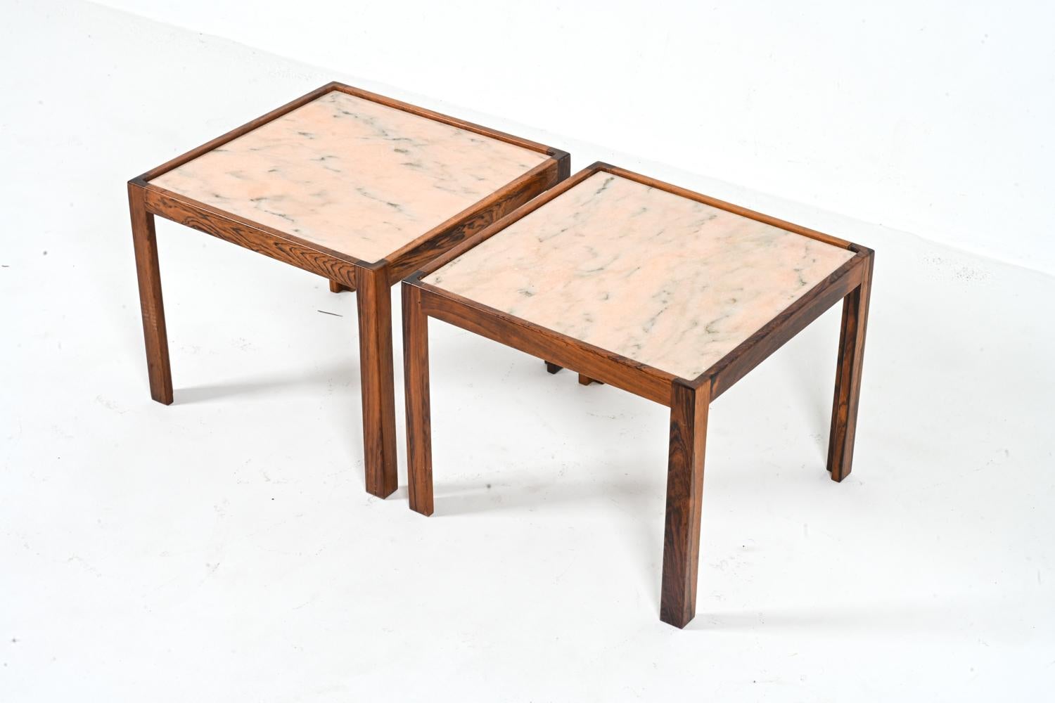 Scandinavian Modern Pair of Rosewood & Pink Marble End Tables Attributed to Svend Langkilde, Denmark For Sale