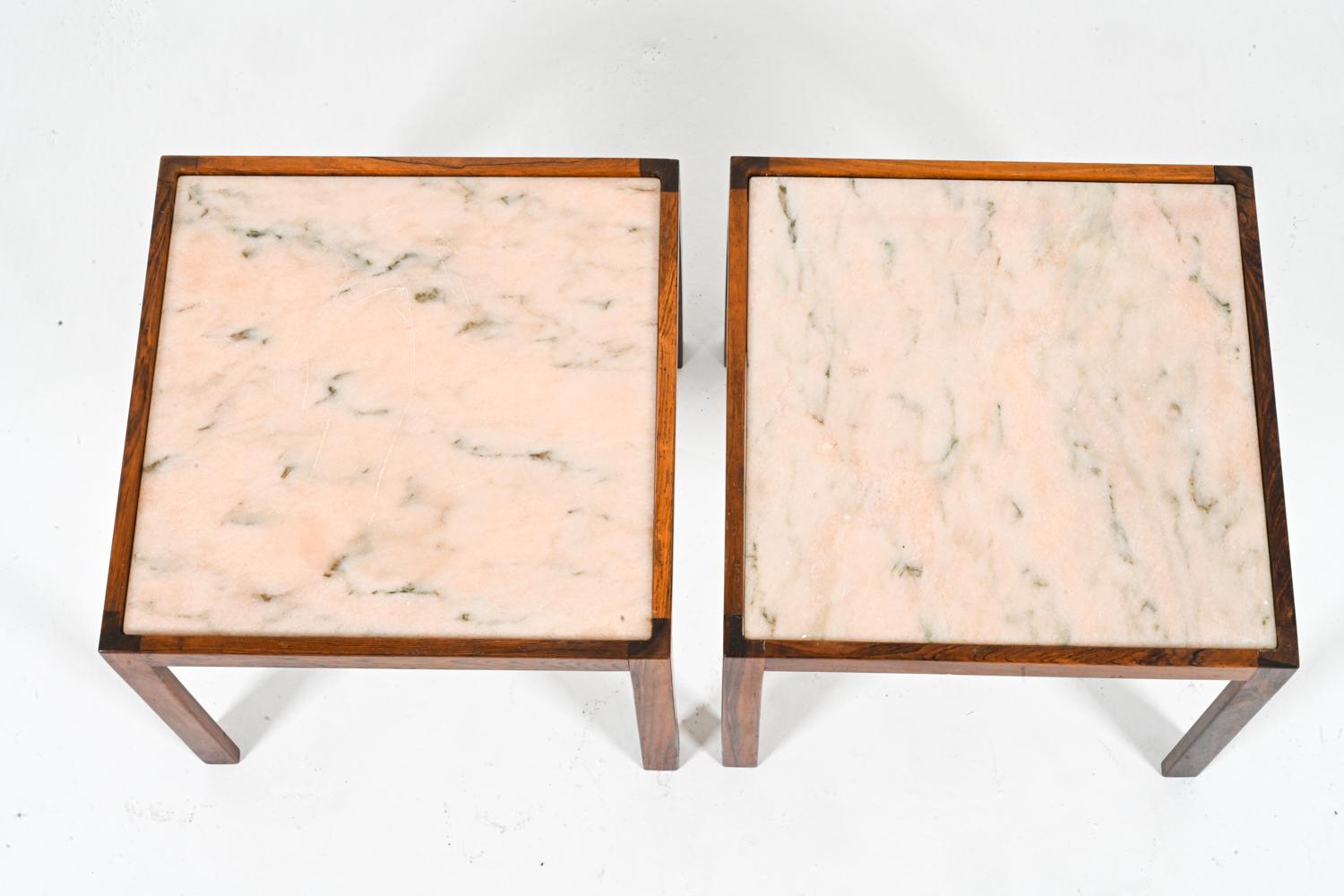 Pair of Rosewood & Pink Marble End Tables Attributed to Svend Langkilde, Denmark In Good Condition For Sale In Norwalk, CT