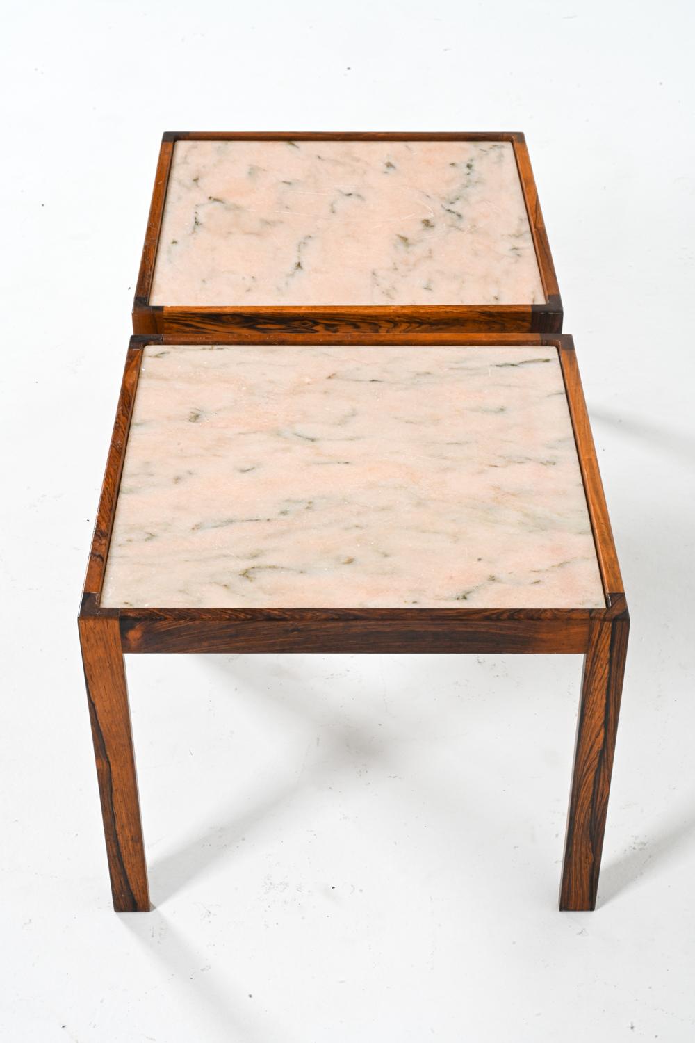 20th Century Pair of Rosewood & Pink Marble End Tables Attributed to Svend Langkilde, Denmark For Sale