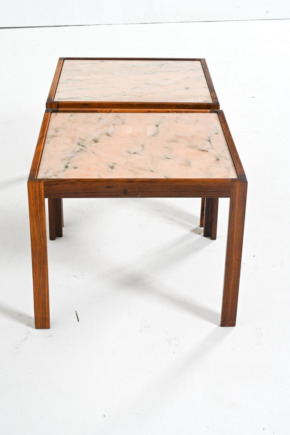 Pair of Rosewood & Pink Marble End Tables Attributed to Svend Langkilde, Denmark For Sale 1