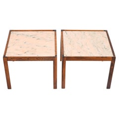 Vintage Pair of Rosewood & Pink Marble End Tables Attributed to Svend Langkilde, Denmark