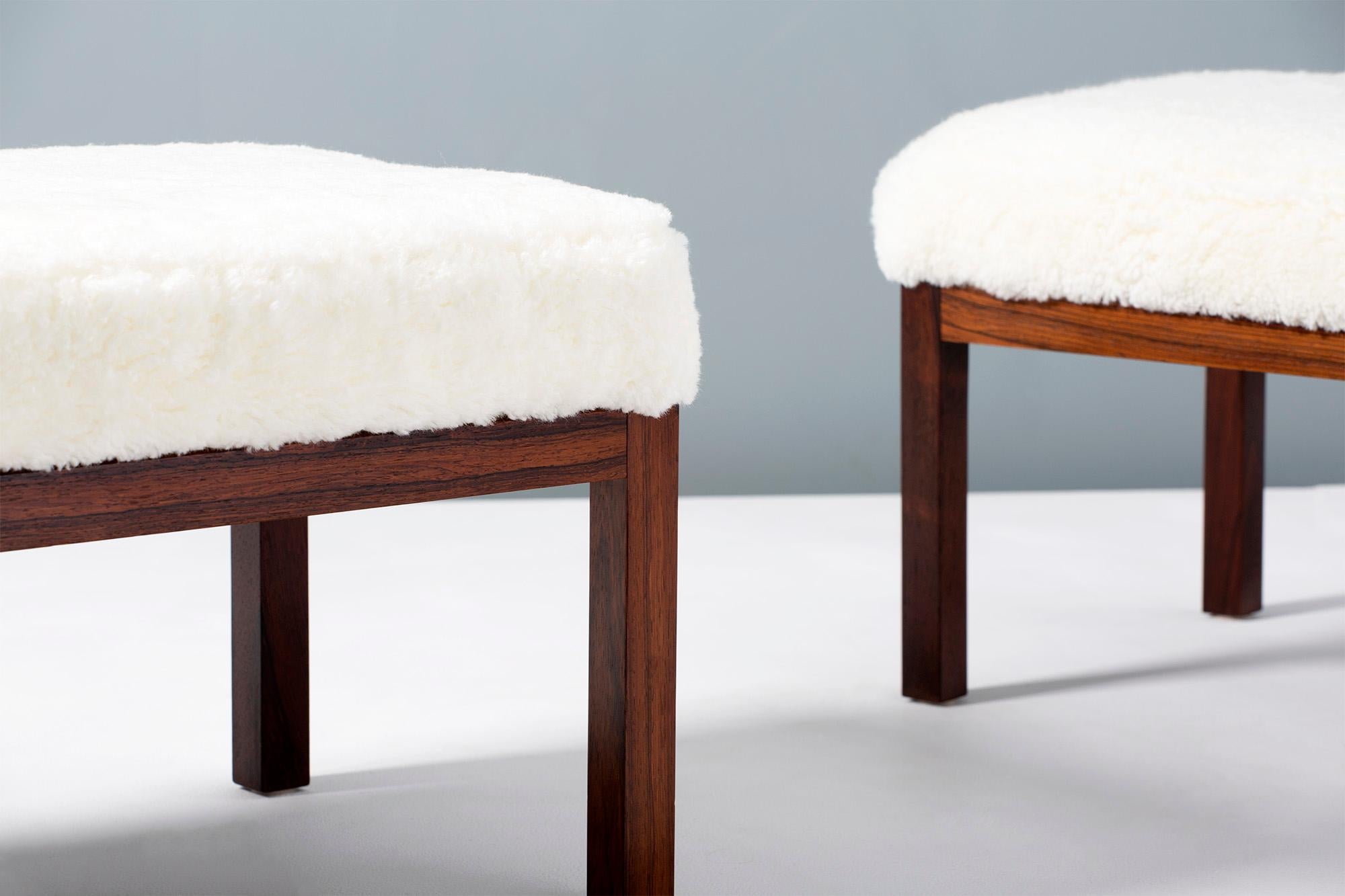 Pair of Rosewood and Sheepskin Vintage Ottomans, circa 1960s 1
