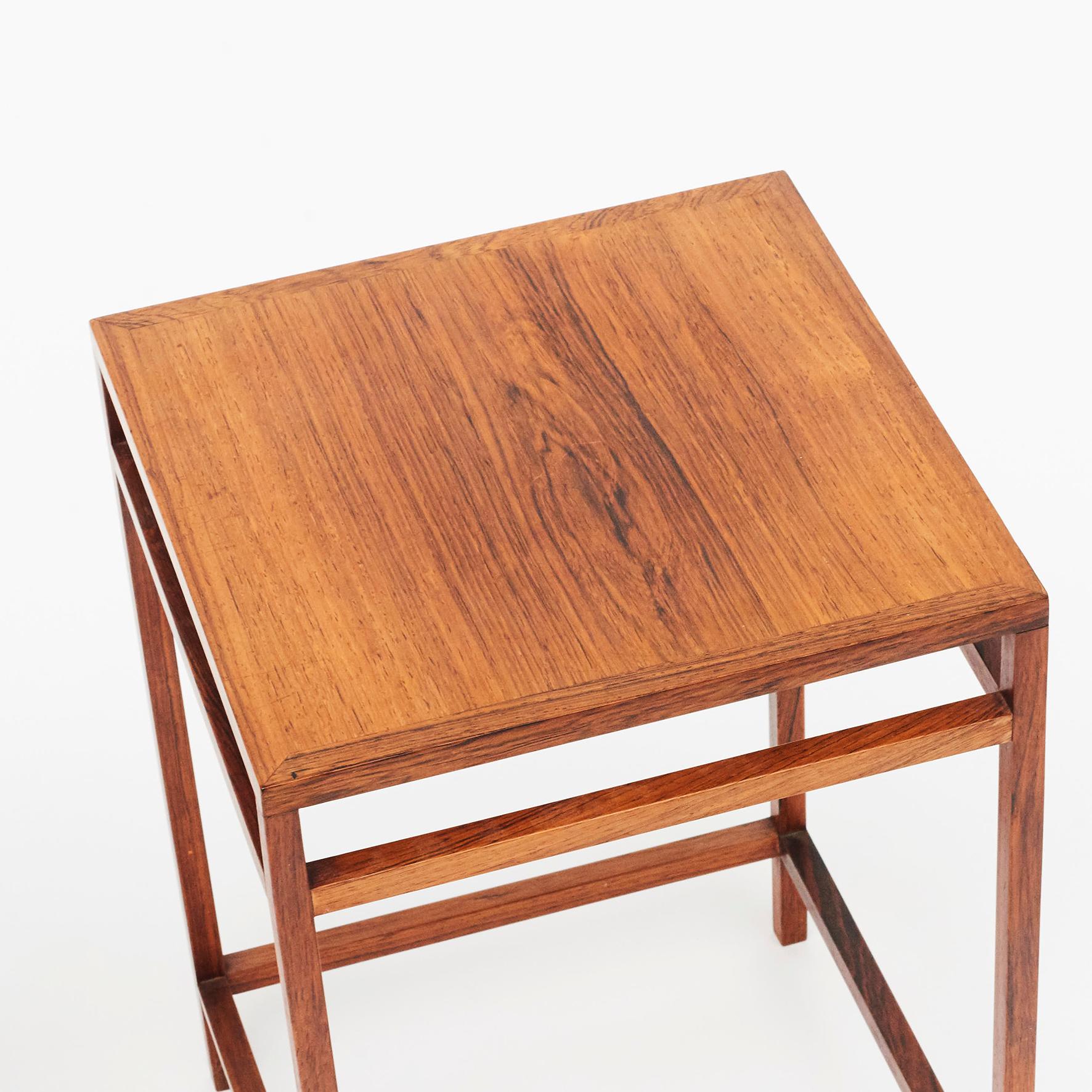 Pair of rectangular side table in rosewood designed by Aksel Bender Madsen for Willy Beck Cabinet Makers Copenhagen.
Made in Denmark in the 1950s.
Great original condition.